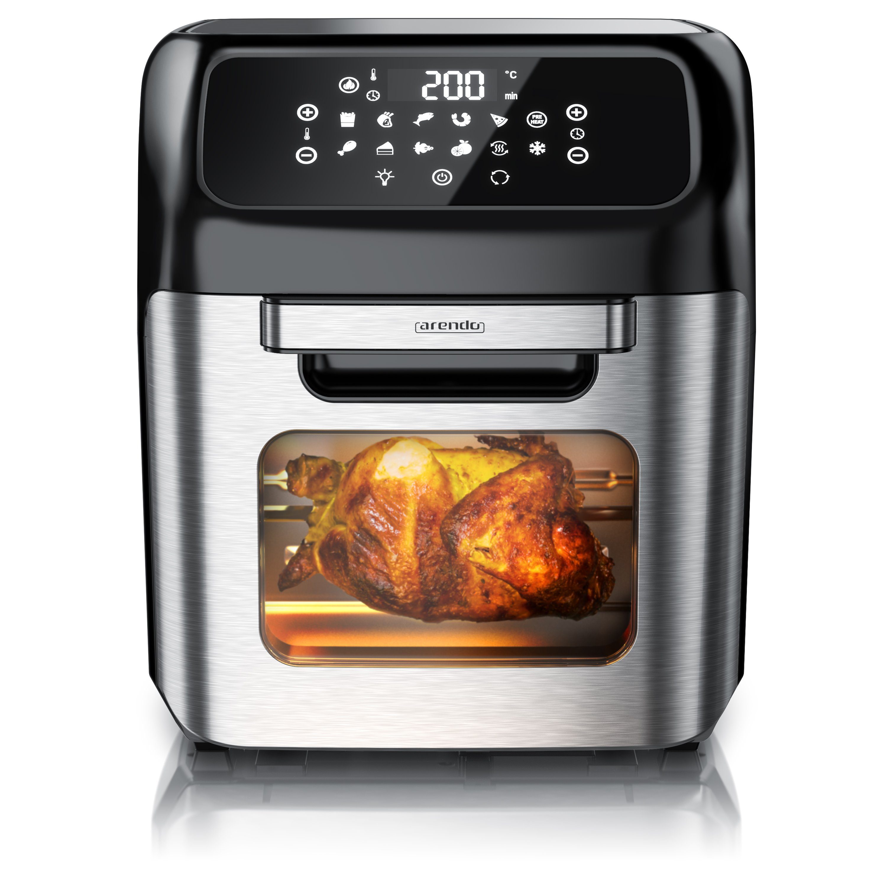Arendo Heißluftfritteuse mit Zubehör, Airfryer 12L, 4in1 Edelstahl Heissluftfritteuse XXL, 1800 W, Mini Backofen, Grill, Dörrautomat, Fritteuse ohne Öl, Umluft Drehgrill