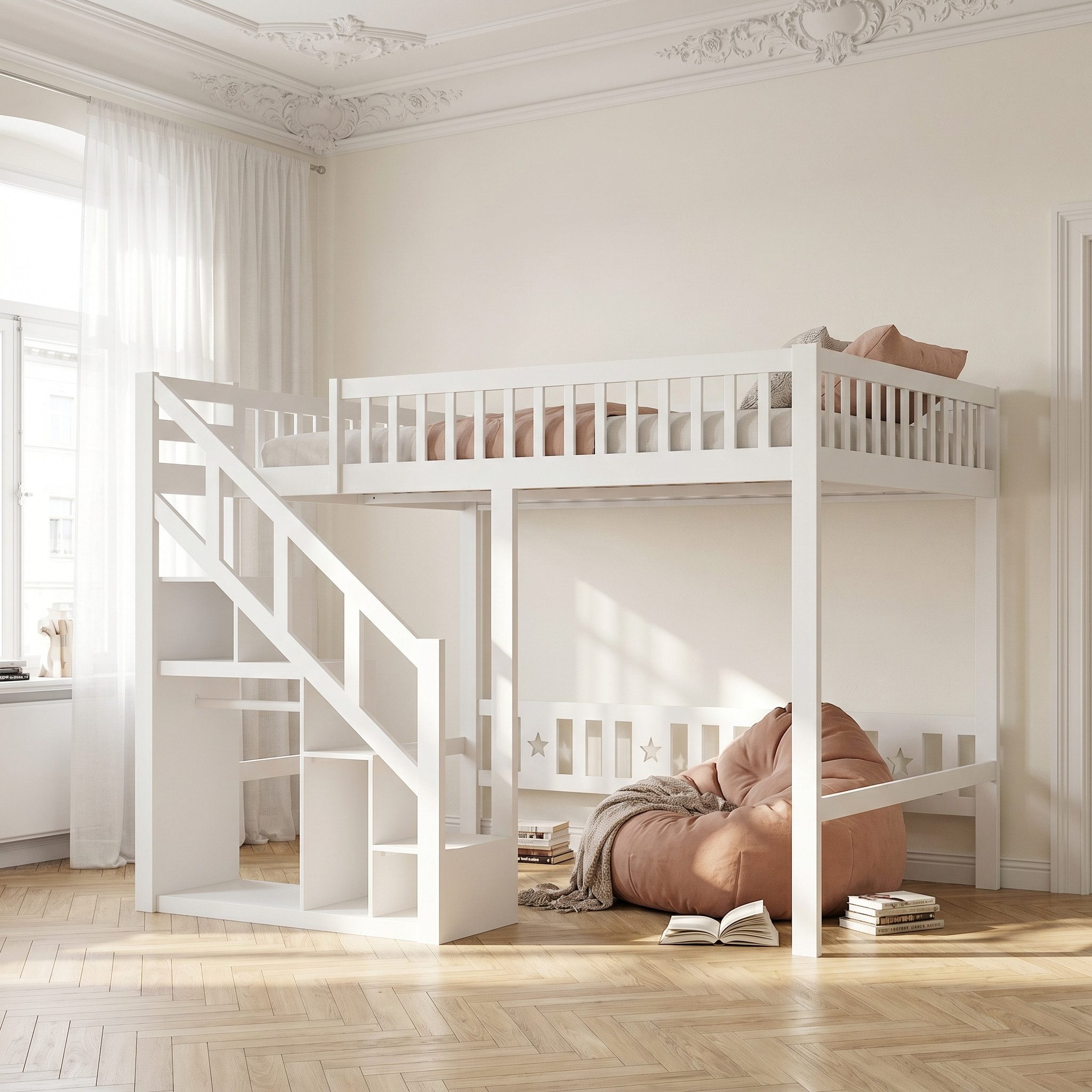 FUROKOY Etagenbett Kinderbett Hochbett mit Treppe und Absturzsicherung, Holzbett 140x200cm,Rausfallschutz und Holzlattenrost,Kiefer, Weiß