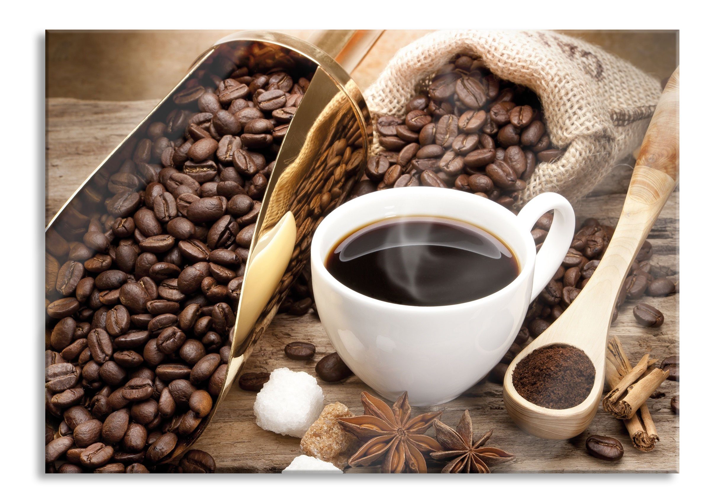 Pixxprint Glasbild Edler Kaffee und Kaffeebohnen, Edler Kaffee und Kaffeebohnen (1 St), Glasbild aus Echtglas, inkl. Aufhängungen und Abstandshalter