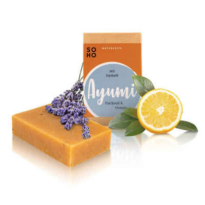 SOHO Naturkosmetik Feste Duschseife AYUMI Kräuterseife mit Jojobaöl und Patschuli & Orange, Feste Kräuterseife mit Orangen- und Patschuliduft