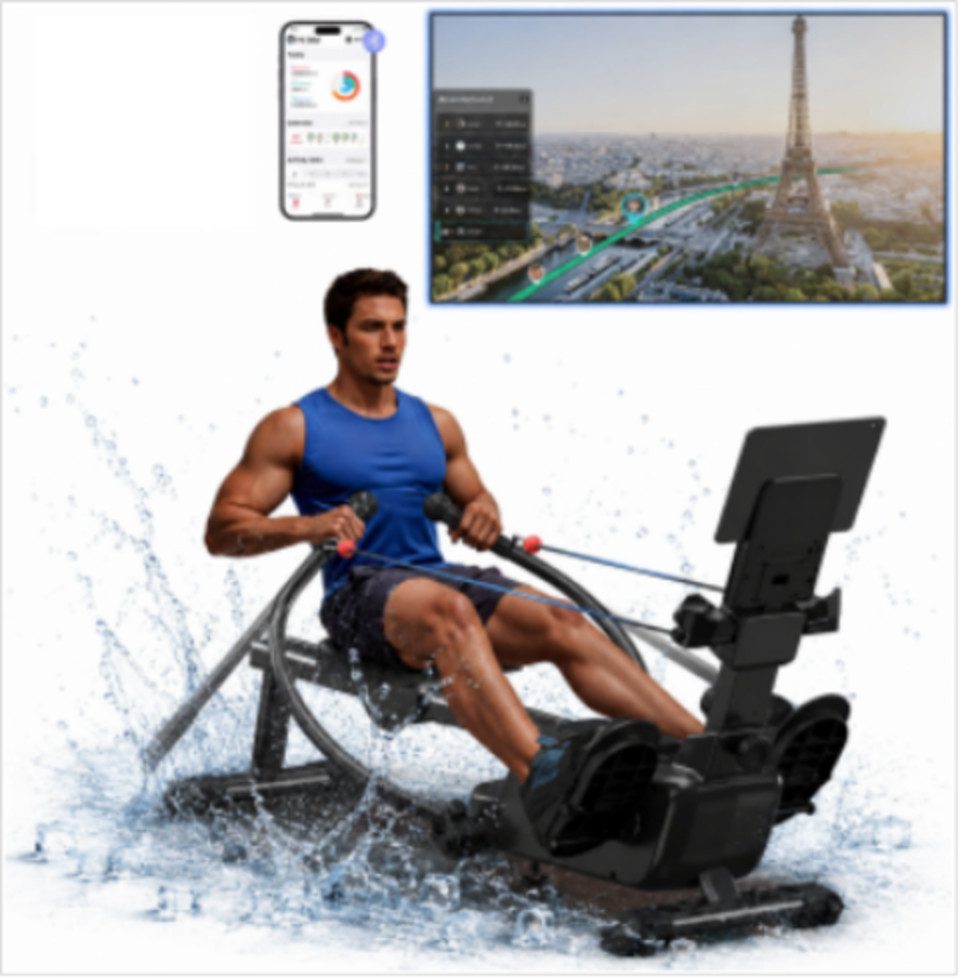 MERACH Rudergerät Magnet-Rudergerät, innovatives Doppel-Paddel für echtes Rudergefühl (16 Widerstandsstufen bis 36 kg, leise, LCD-Display, Tablet-Halter, mit Interaktiver APP und Kurse, Bluetooth, Kinomap Kompatibel), 7 adaptive Trainingsmodi, Ergonomischer Sitz, Echtes Rudererlebnis