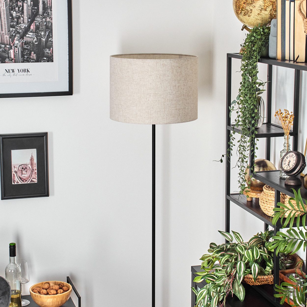 hofstein Stehlampe Stehlampe aus Metall/Stoff in Schwarz/Beige, ohne Leuchtmittel, mit rundem Schirm (40 cm) u. Fußschalter, 1 x E27, ohne Leuchtmittel
