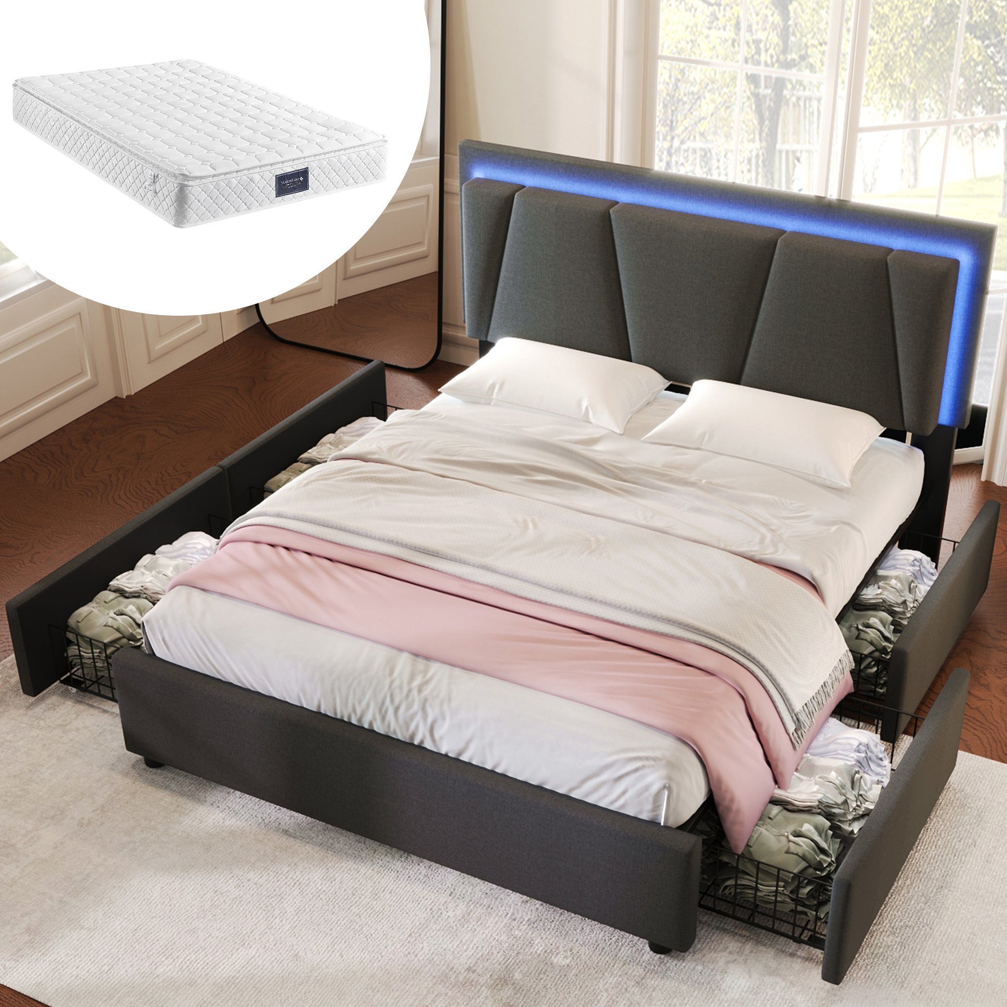 Odikalo Stauraumbett Polsterbett Doppelbett 16 Farben LED 4 Schubladen 140/160 Grau/Schwarz