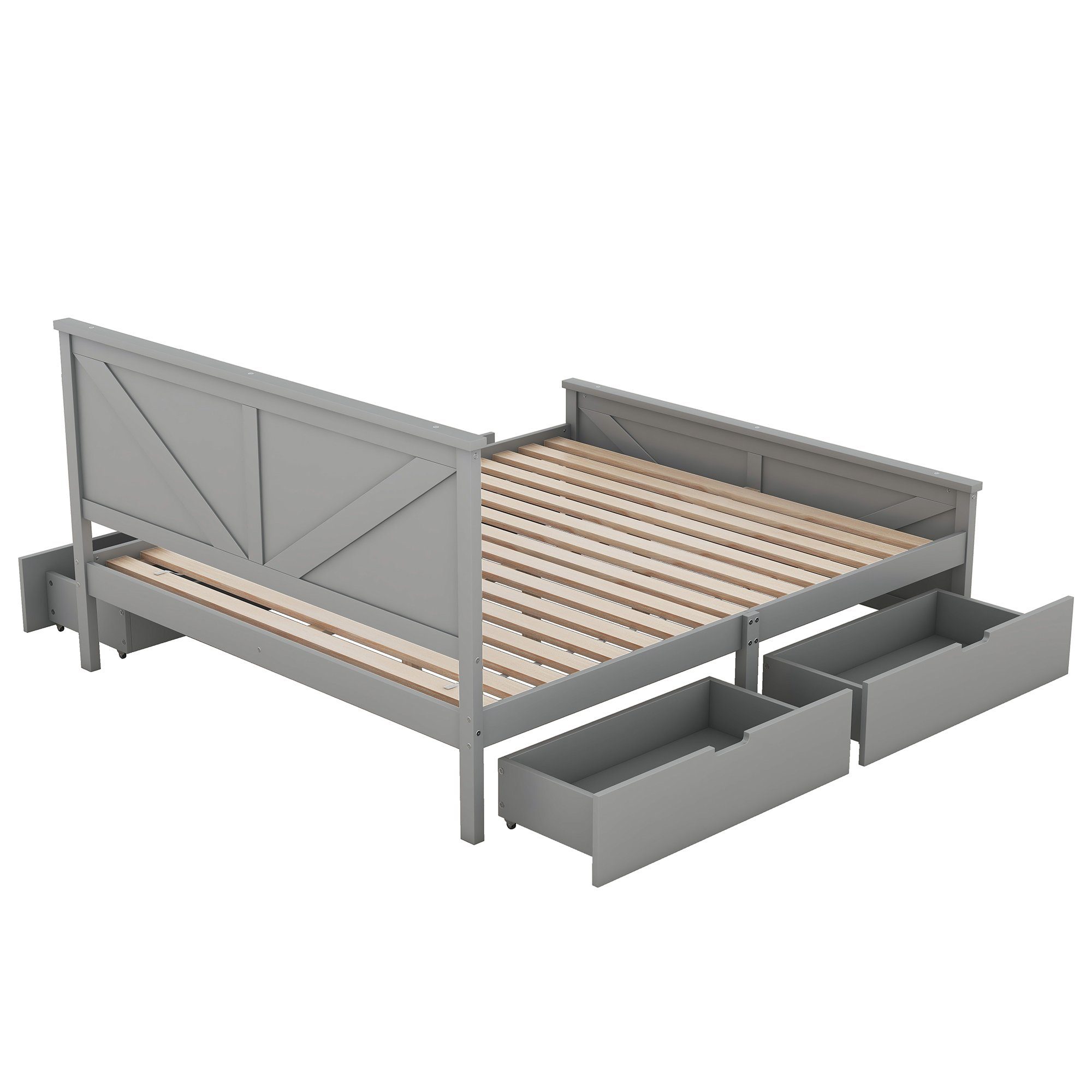 Holzbett aus grau Kopfteil Kiefer 4 (160x200 Massivholzbett mit Doppelbett Lattenrost, Schubladen cm), SOFTWEARY und