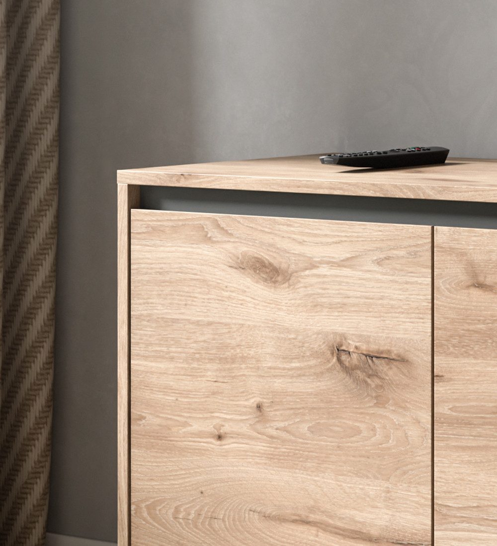 Inn.Furn Lowboard Delio (TV Unterschrank in Eiche mit Grau, 184 x 64 cm), Komforthöhe und Soft-Close-Funktion