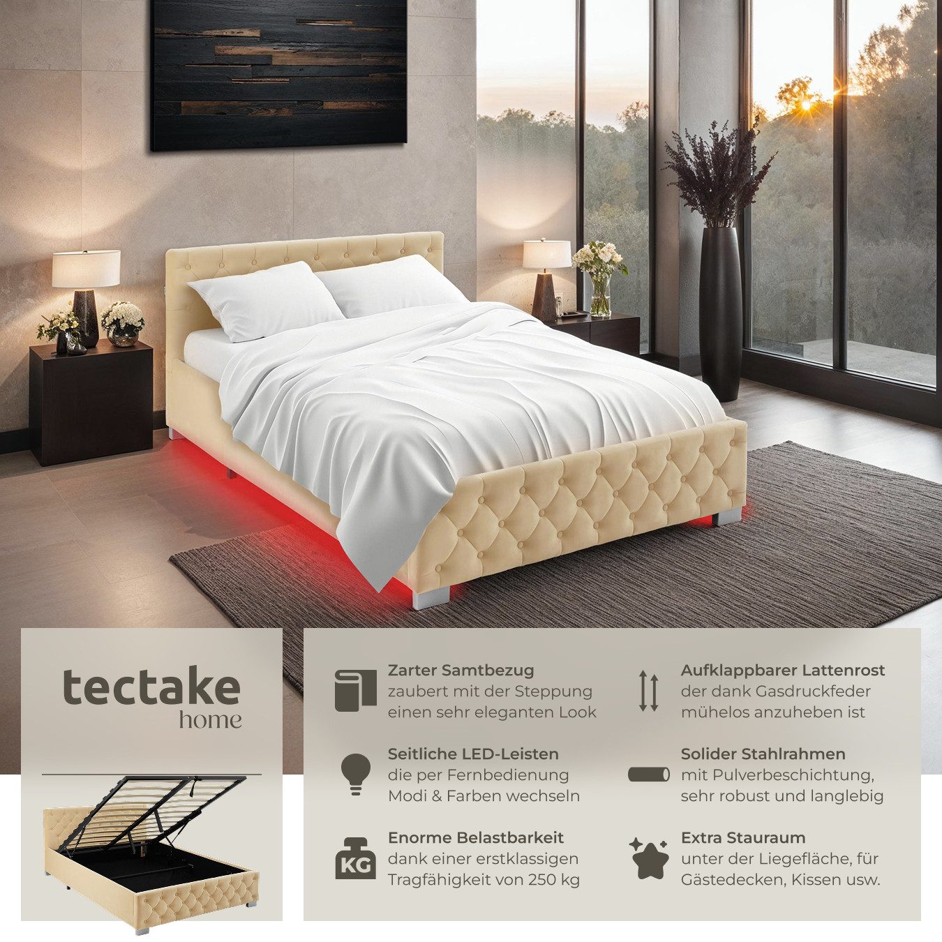tectake Polsterbett Venice (Komplettset, mit LED-Leisten günstig online kaufen
