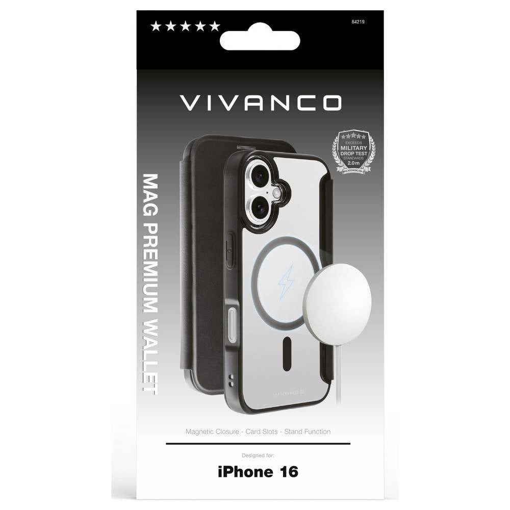 Vivanco Handyhülle Wallet für iPhone 16, 2.0m Drop-MagSafe Support, Induktives Laden, Sanddicht, Spritzwasserfest, Staubdicht, Stoßfest
