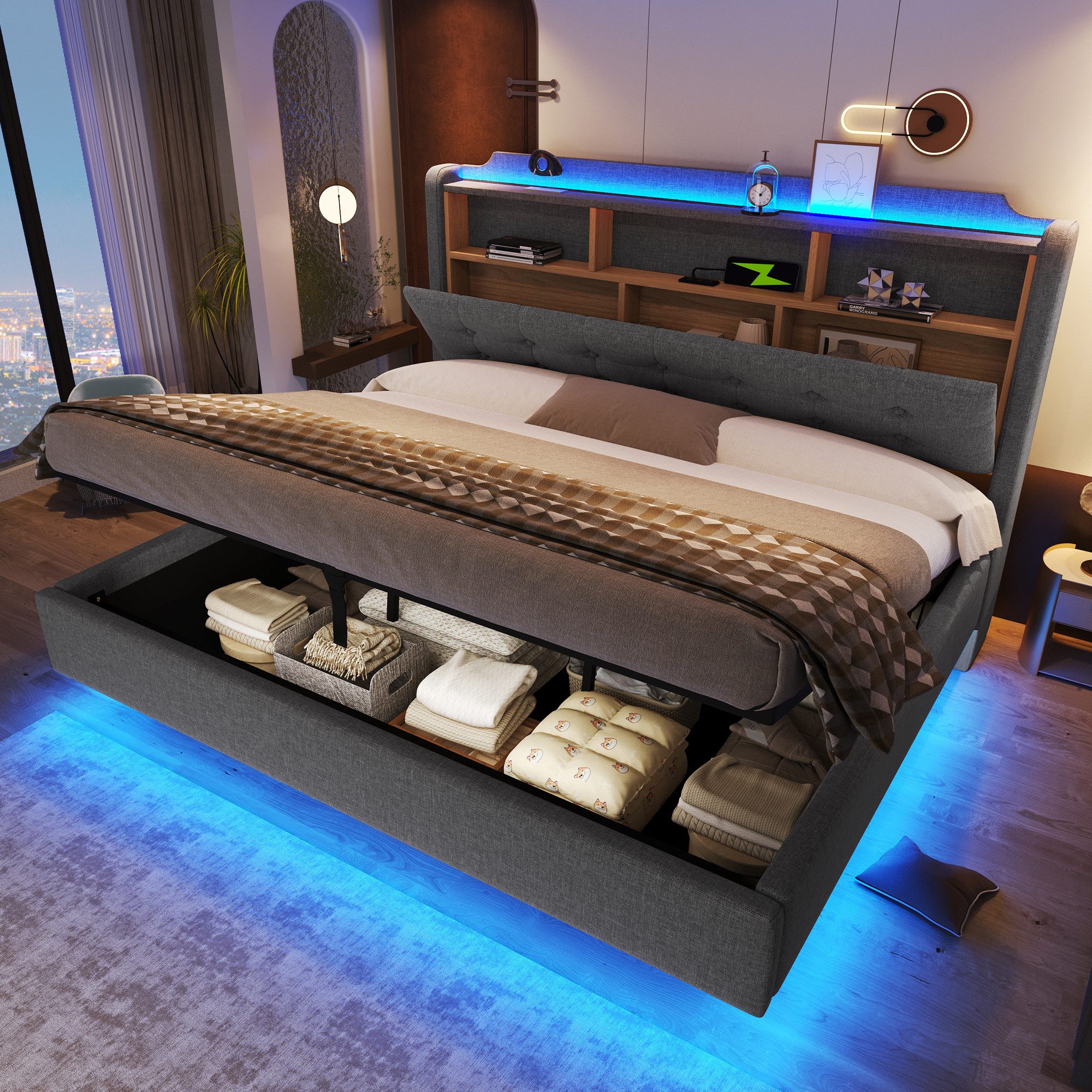 Merax Polsterbett 180x200cm mit hydraulischem Bettkasten, LED-Beleuchtung & USB & Typ-C (1-tlg), Doppelbett mit Kopfteil-Stauraum & schwebendem Design, Leinenstoff