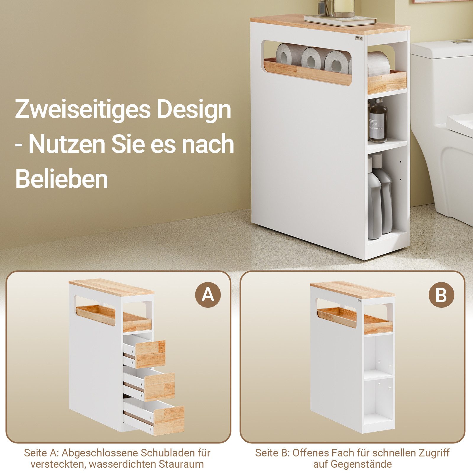 SoBuy Beistellwagen BZR54-II, Badezimmerschrank mit Rollen, Badschrank schmal, Kommode, Küchenwagen schmal Nischenwagen Badezimmerregal mit Rädern, ausziehbar