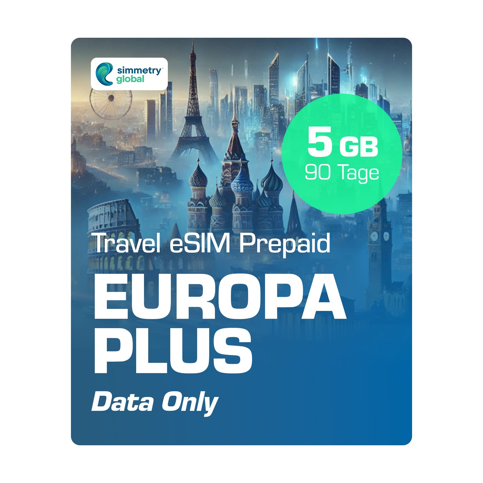 Simmetry Travel eSIM Europa PLUS Prepaidkarte, (eSIM für Europa+, keine Roaming-Gebühren)