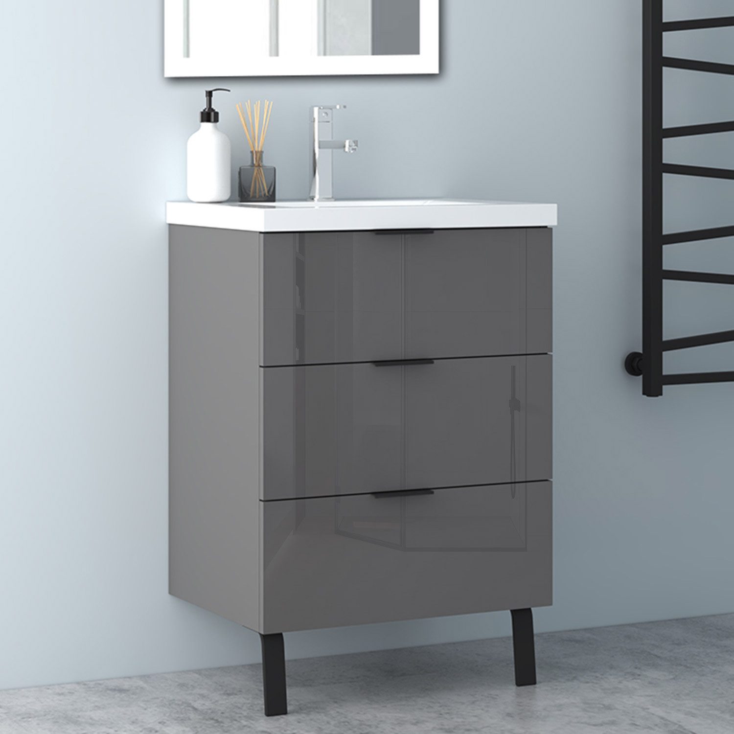 Aica Sanitär Waschtisch Badezimmerschrank Waschbecken mit Unterschrank Badmöbel Badschrank (Hängeschrank, mit Schrankfüße), 3 Schubladen mit Soft-Close Funktion, Waschbecken mit überlauf