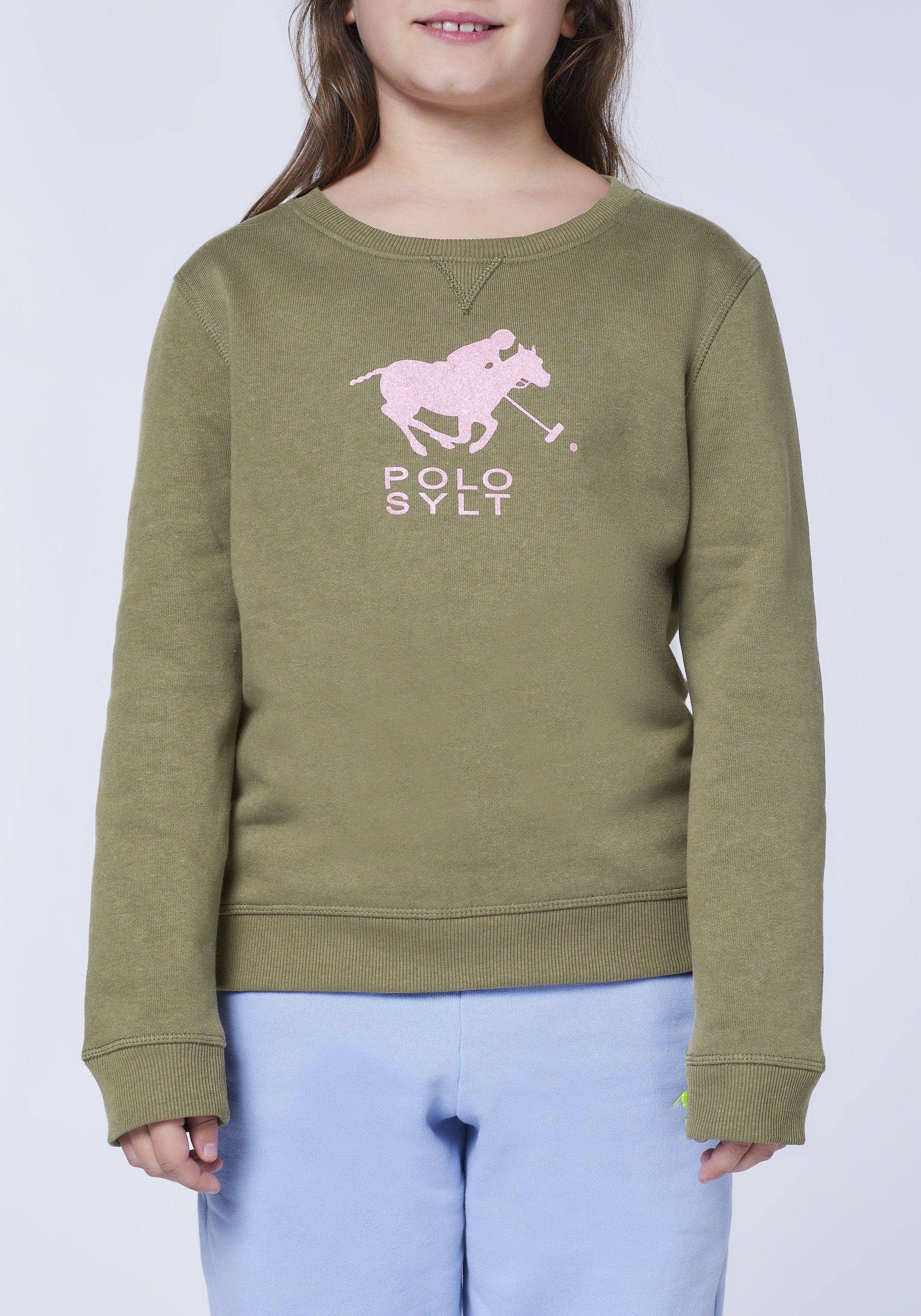 mit Burnt Polo Sweatshirt 18-0521 Glitzer-Label-Print Sylt Olive