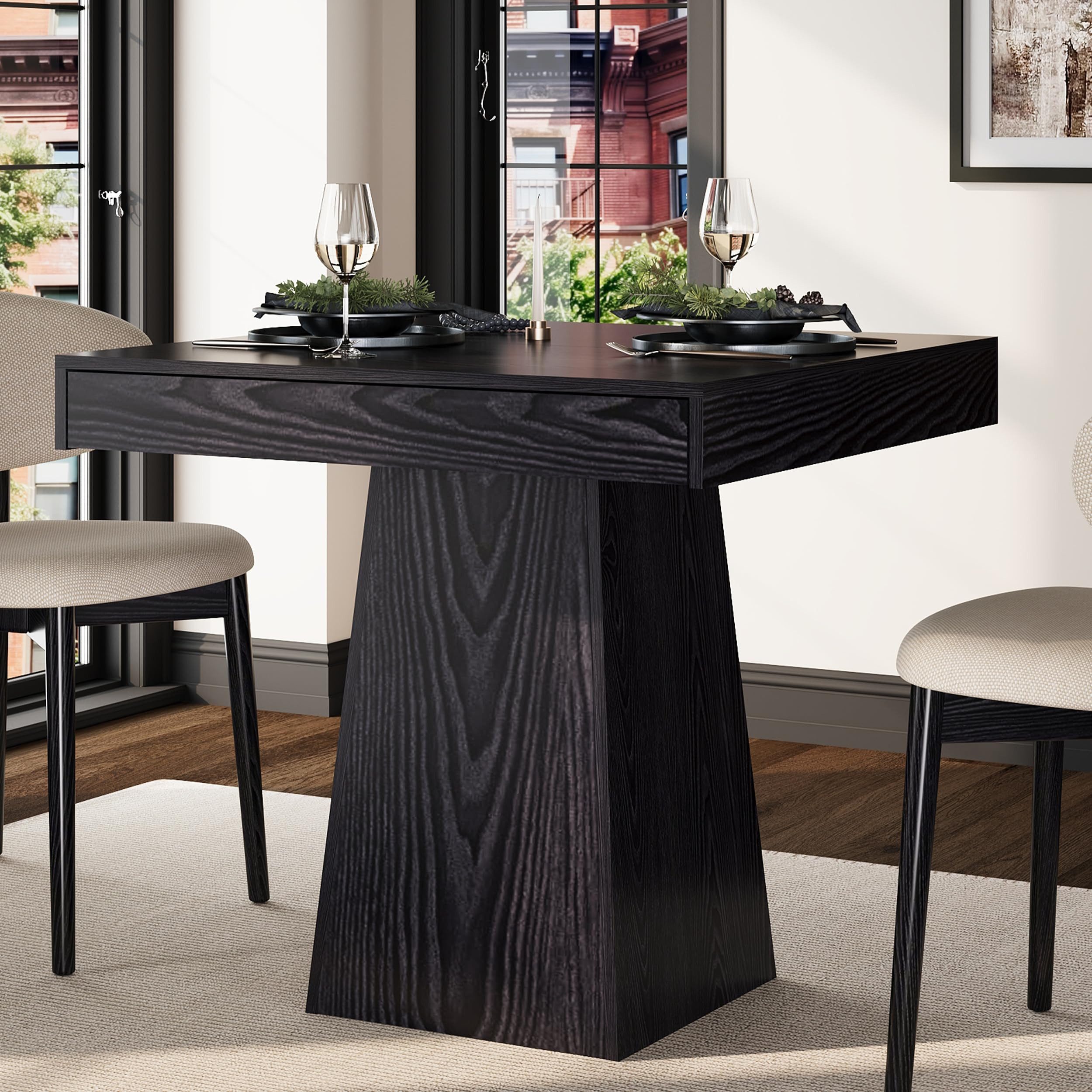 GarveeMore Esstisch Square Dining Table for 4 with Drawer Storage und Wooden Pedestal