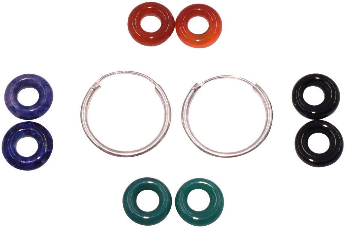 FIRETTI Paar Creolen Multipack Schmuck Geschenk Silber 925 Ohrschmuck Ohrringe (Set, 10-tlg), Made in Germany - mit Achat, Sodalith - Einhänger abnehmbar mehr