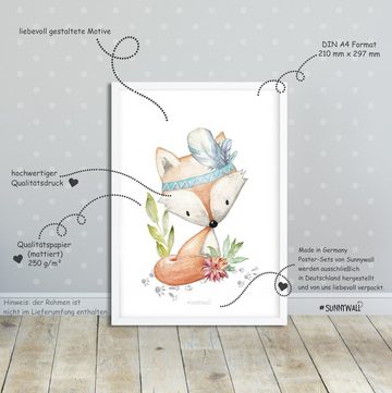 Sunnywall Poster Poster Kinderzimmer Waldtiere mit Federschmuck (3er Set), Fuchs, Reh und Hase mit Federschmuck (Set, 3 St), Poster