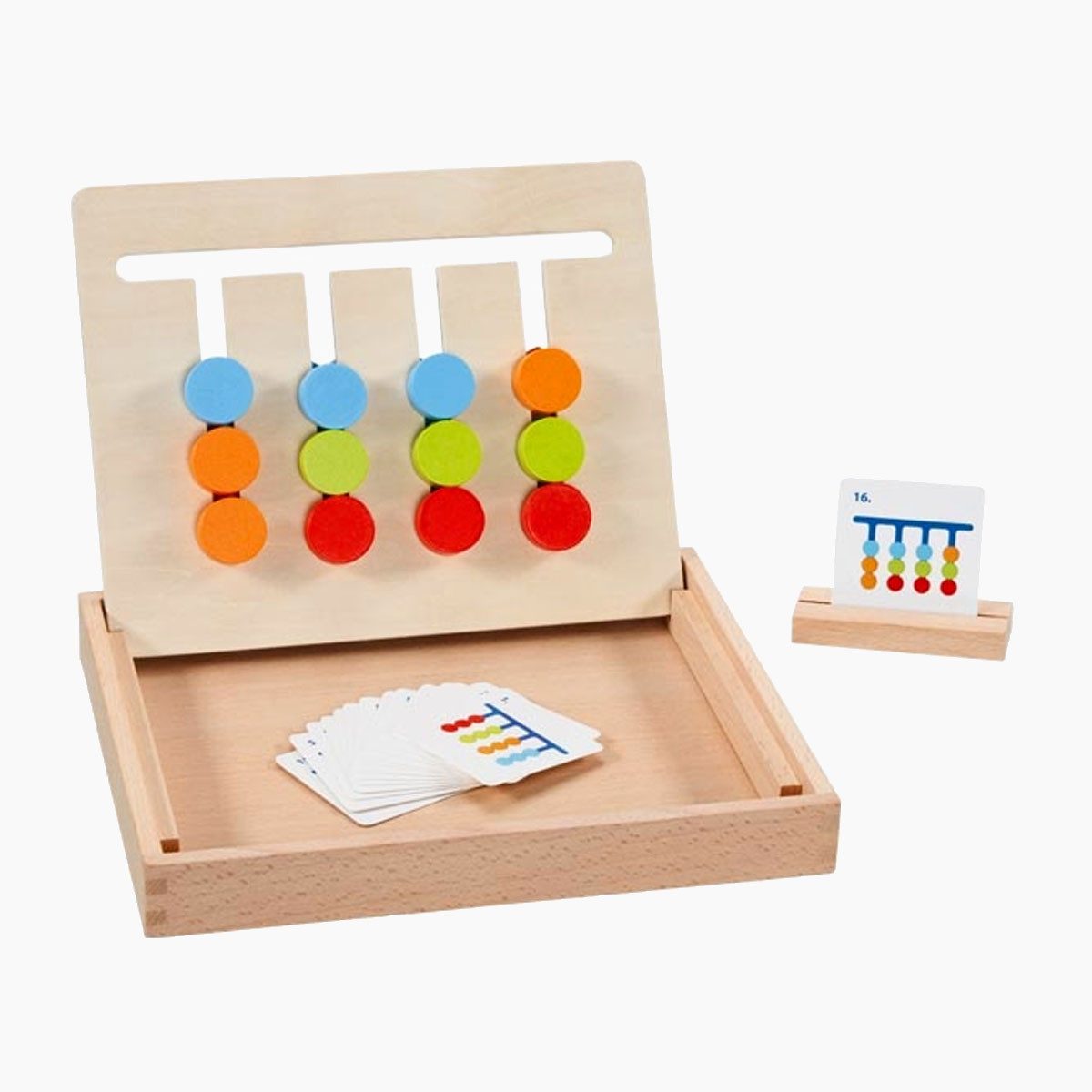 goki Lernspielzeug Farbsortierbrett im Holzkasten, aufstellbar (packung, set), Schwierigkeitsstufen für Anfänger und Fortgeschrittene