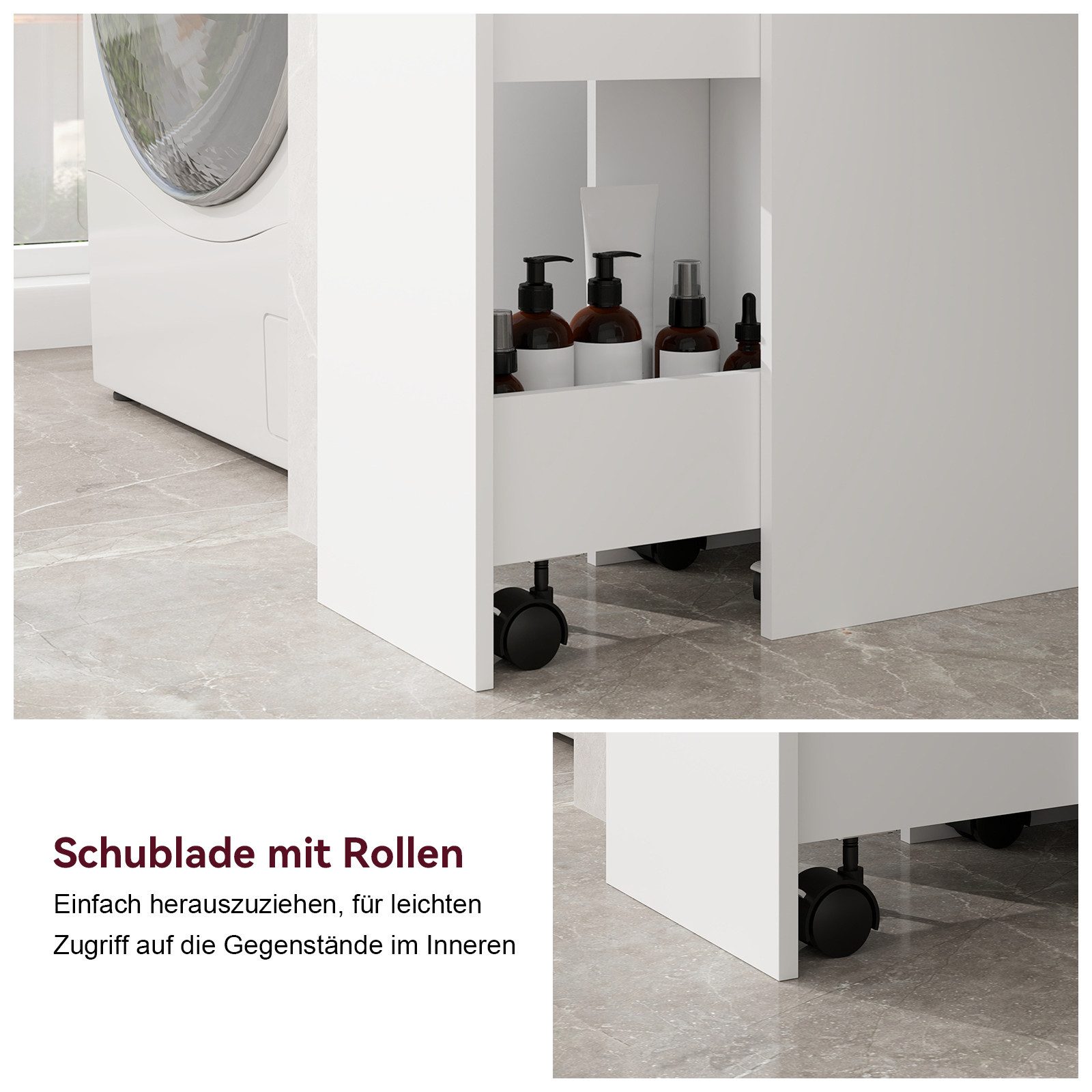 Puluomis Badkommode Badezimmschrank mit Schubladen, Hochschrank schmal (weiß/schwarz)