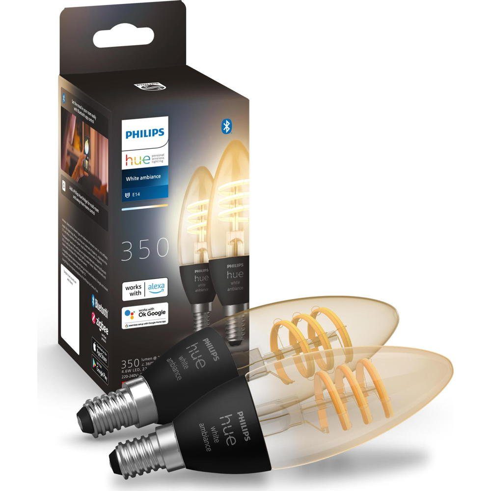 Philips Hue LED-Leuchtmittel Bluetooth White Ambiance LED E14 - Kerze B35 4,6W 350lm Doppelpack, n.v, warmweiss bis 4500