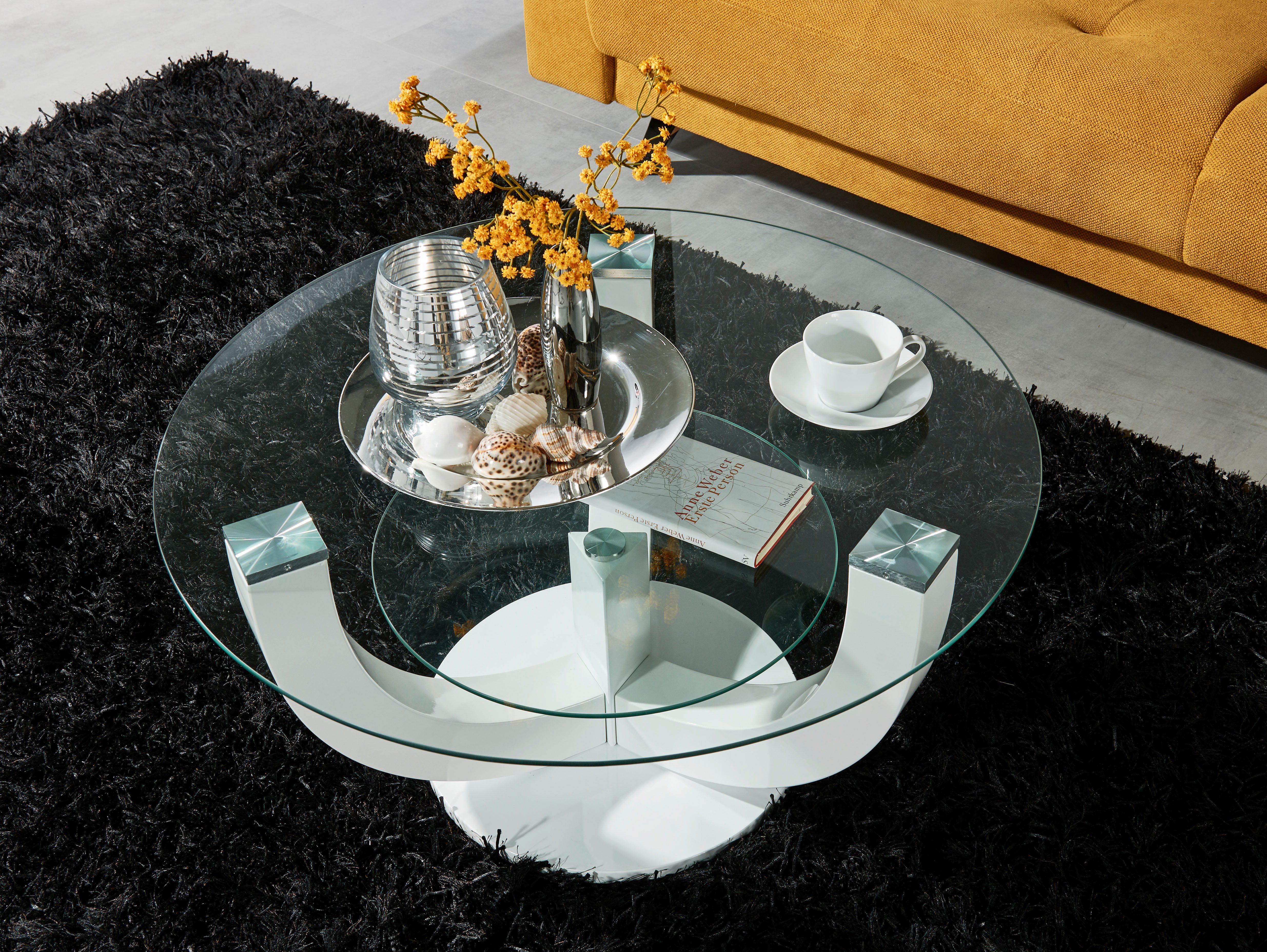 Stolkom Sp.z.o.o. Couchtisch Denver, TOPSELLER! (Couchtisch, OTTOs Choice), rund mit Glas, Tisch -Gestell weiß hochglanz