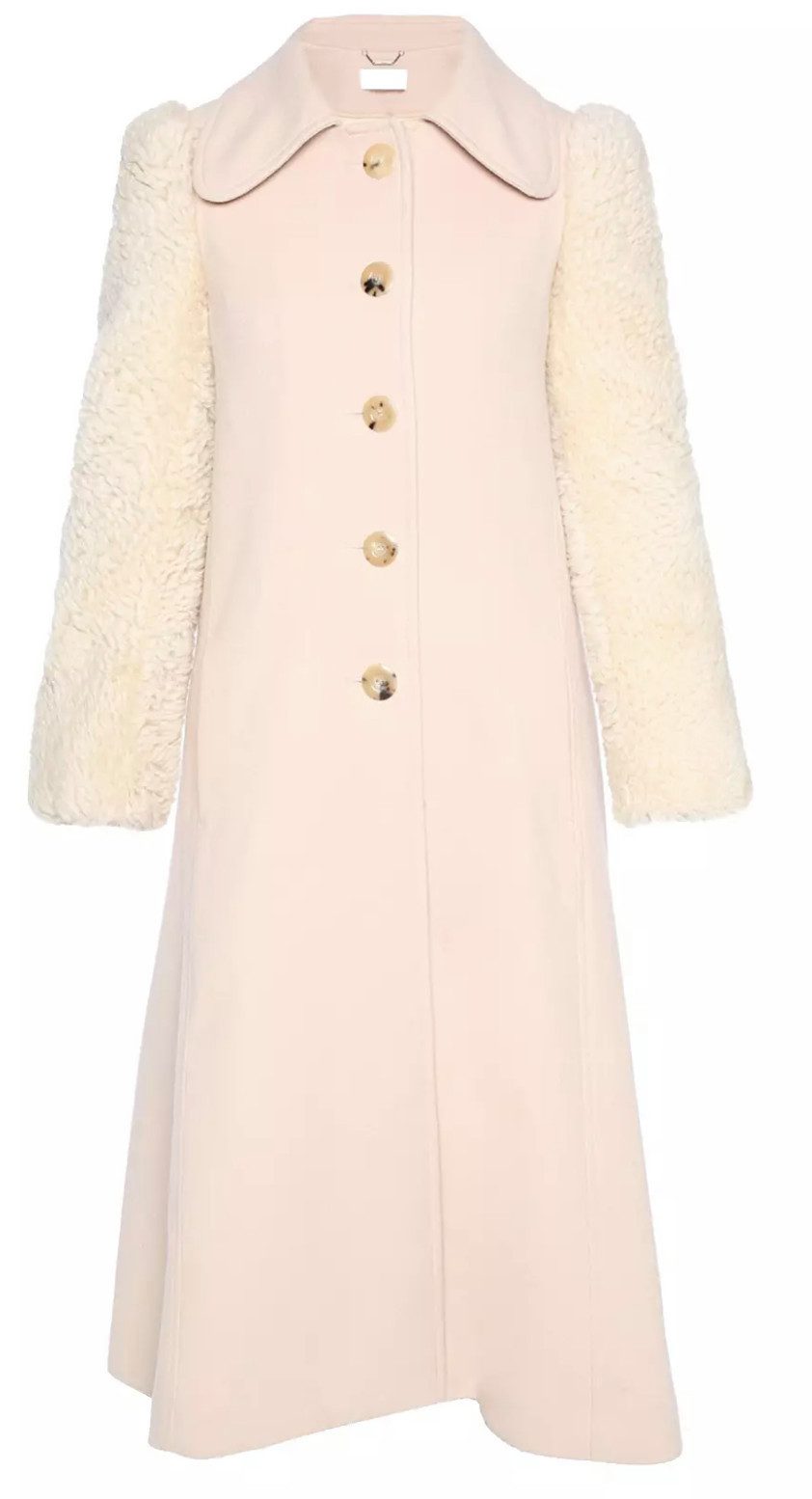 Chloé Langmantel Wintermantel Mantel Parka mit Lammfellärmel Ärmel aus flauschigem Lammfell,Flanellähnliche Struktur,Rückenschlitz