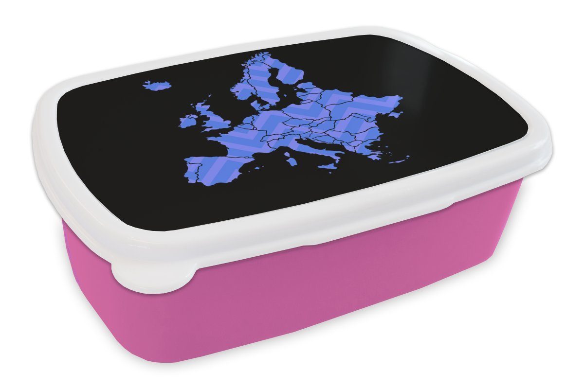 MuchoWow Lunchbox Karte Europa - Muster - Blau, Kunststoff, (2-tlg), Brotbox für Erwachsene, Brotdose Kinder, Snackbox, Mädchen, Kunststoff rosa