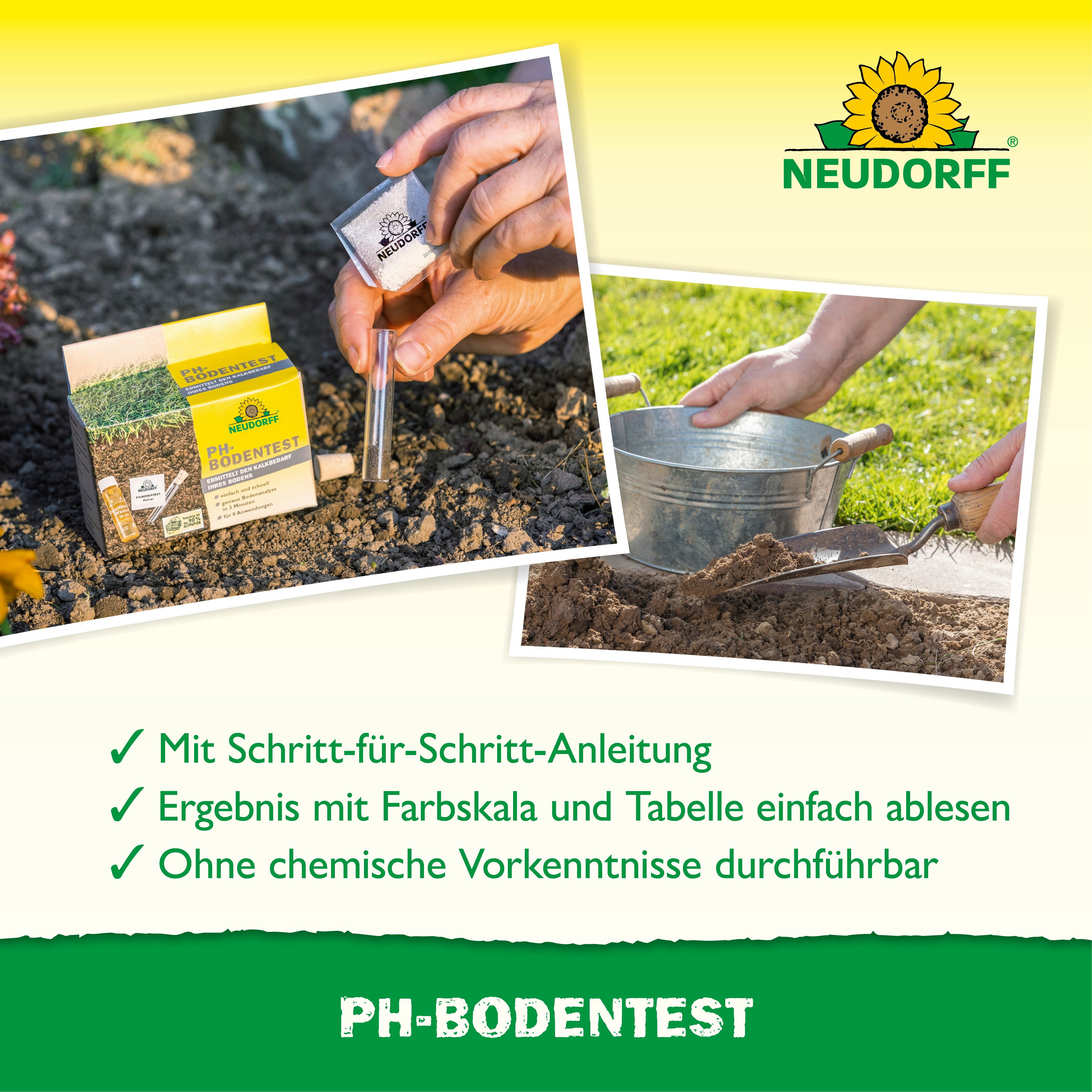 Neudorff Bodentest pH Bodentester für 8 Anwendungen, 1 Messparameter, Bodentest zur pH-Wert- & Kalkbedarfsermittlung, Komplettes Testset mit Farbskala für 8 Bod – Bild 4 von 5