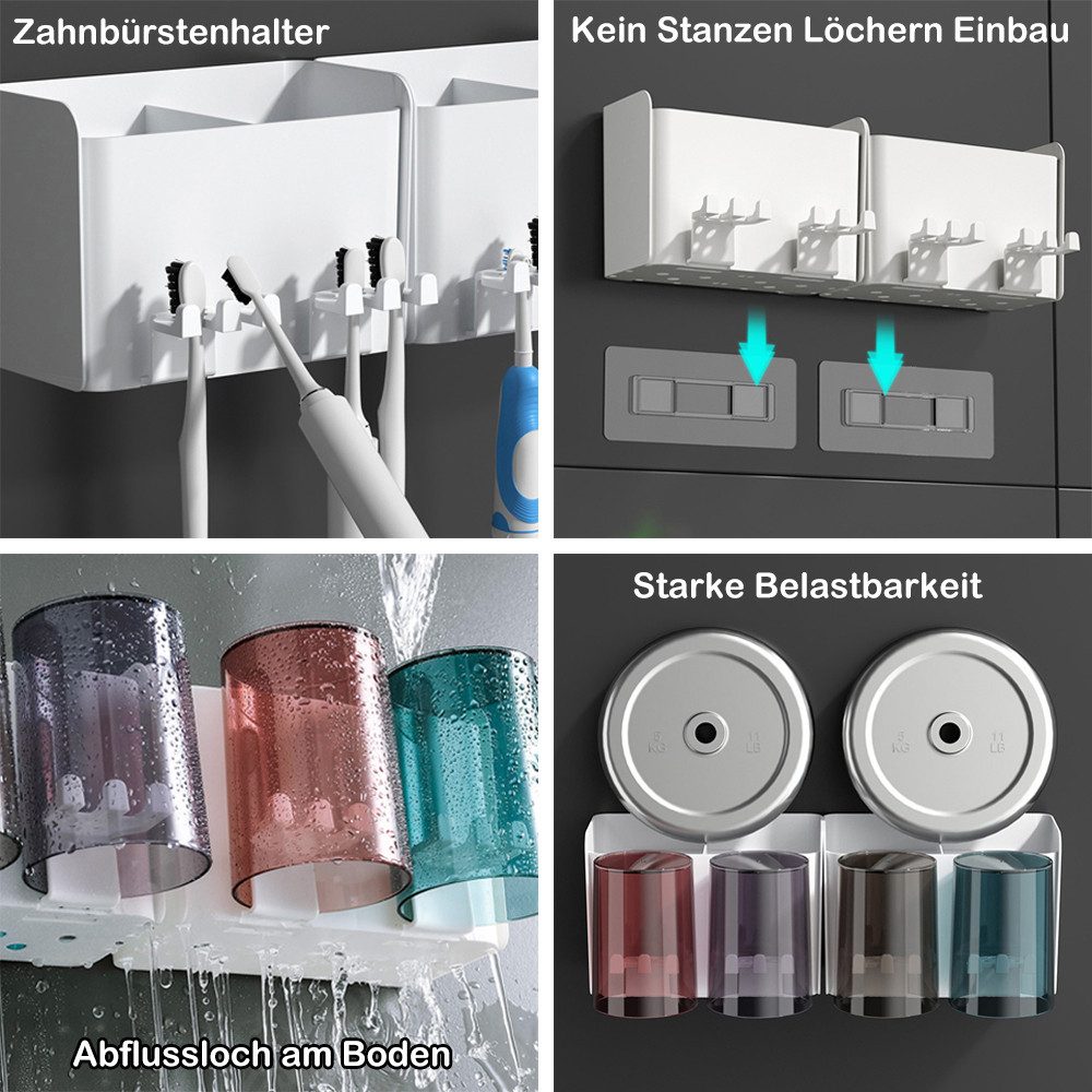 TUWENA Zahnbürstenhalter Zahnbürstenhalter, 4 Tassen + 8 Ablagefächer für Zahnbürstenköpfe