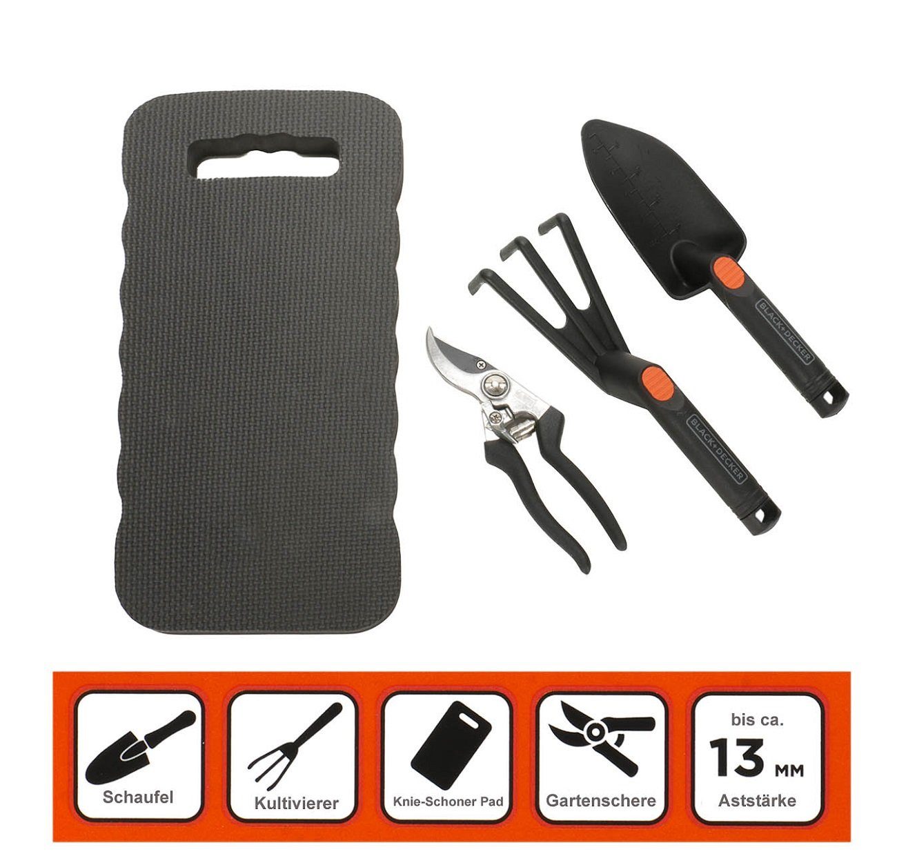 Black + Decker Gartenpflege-Set Kelle, Kultivierer, Gartenschere und Kniematte, 4-teiliges Gartenwerkzeug-Set