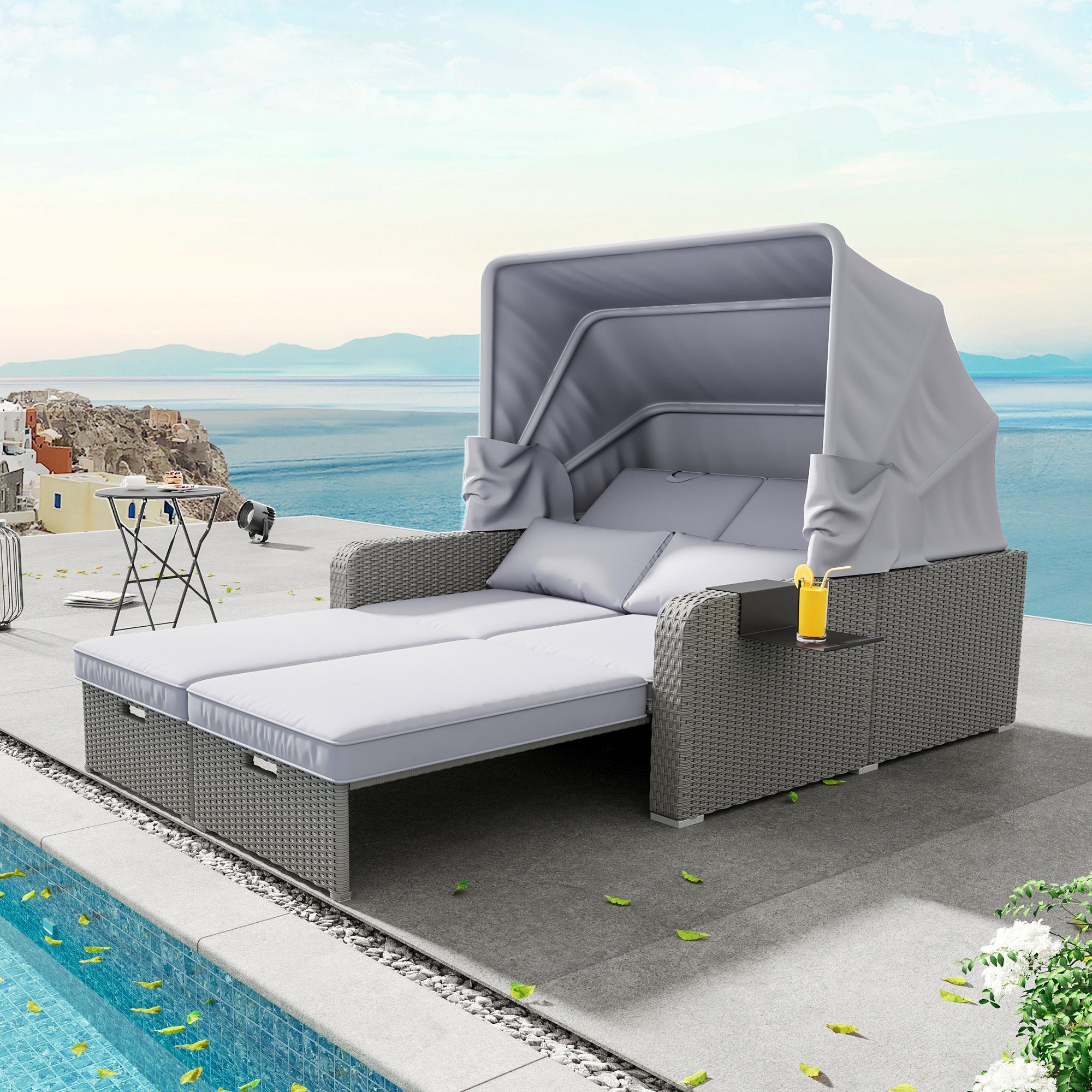 SOFTWEARY Gartenlounge-Set Polyrattan Loungeset mit Faltdach, Gartensofa  mit Beistelltisch, Rattan Lounge Sitzgruppe für Garten, Garnitur Set