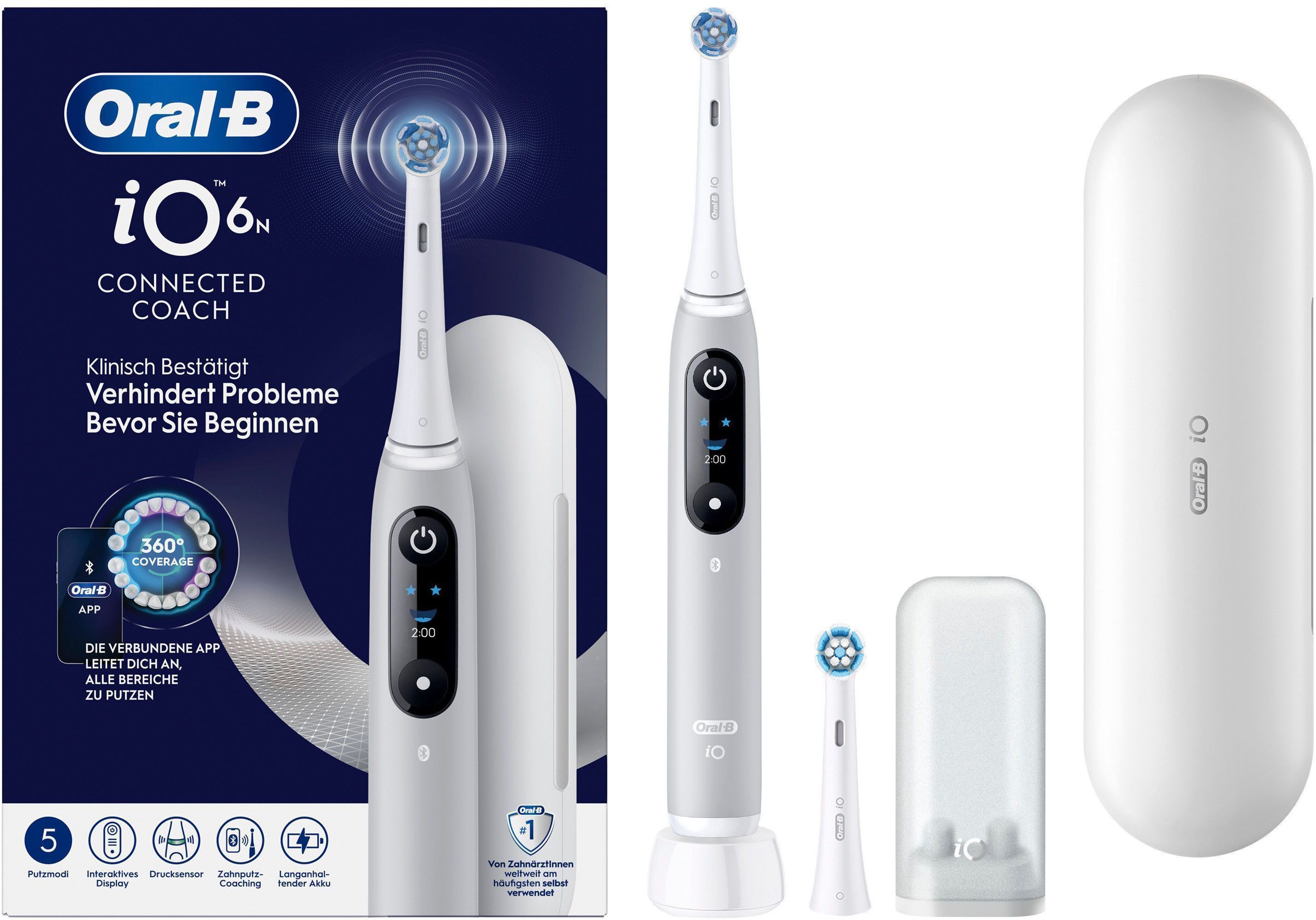 Oral-B Elektrische Zahnbürste iO 6, Aufsteckbürsten: 2 St., mit Magnet-Technologie, Display, 5 Putzmodi, Reiseetui