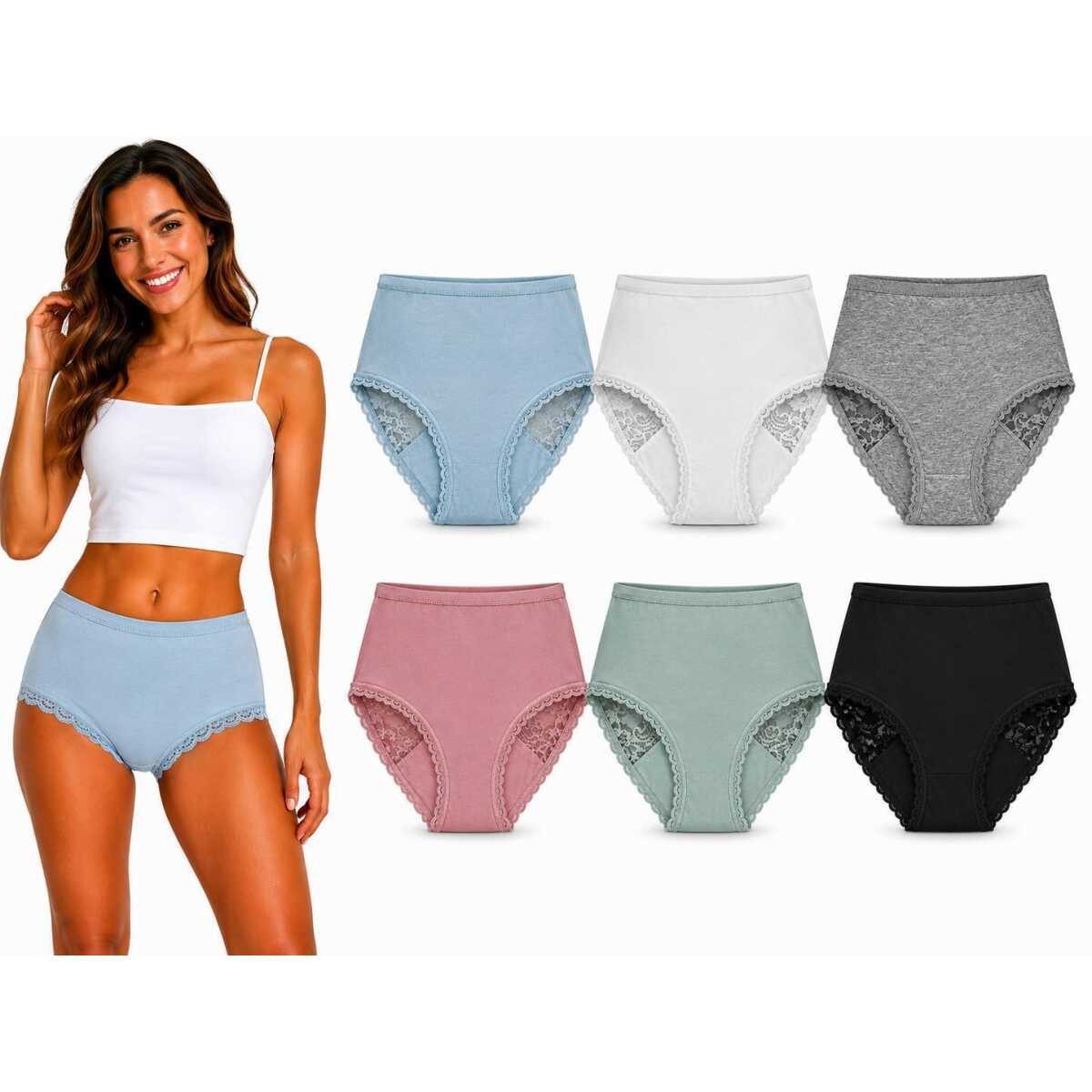 EloModa Taillenslip Damen Slips 6er Pack Baumwolle Ripp mit Spitze hoher Bund Mix2 XL (6-St) atmungsaktiv, hautfreundlich, elastisch, formbeständig