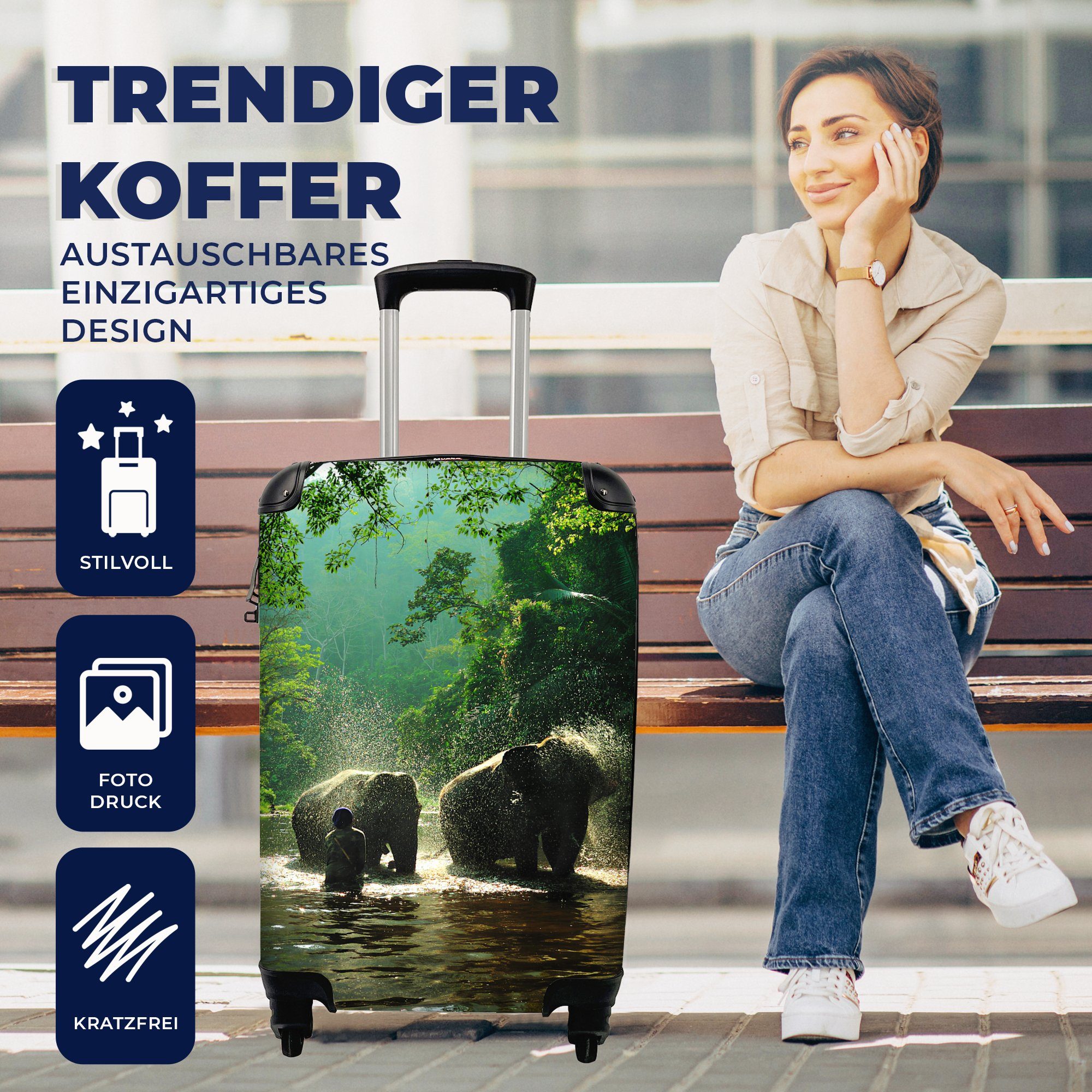 Trolley, Wasser - MuchoWow - Tiere, rollen, 4 Rollen, Grün Bäume Elefant für Handgepäck - Reisekoffer mit Ferien, Handgepäckkoffer - Reisetasche