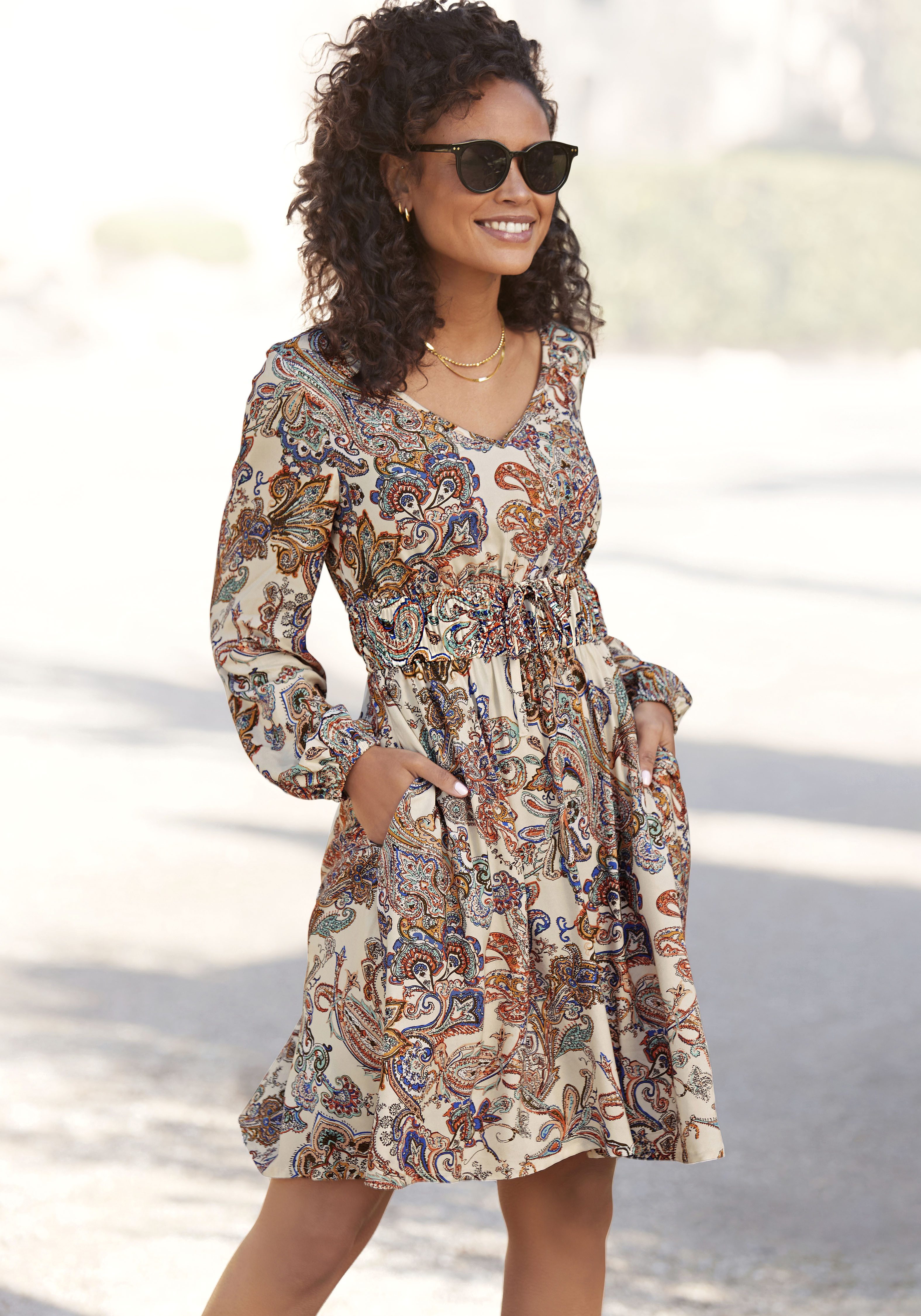 Vivance Druckkleid mit Paisleydruck und Taschen, langärmliges Sommerkleid, Freizeitkleid