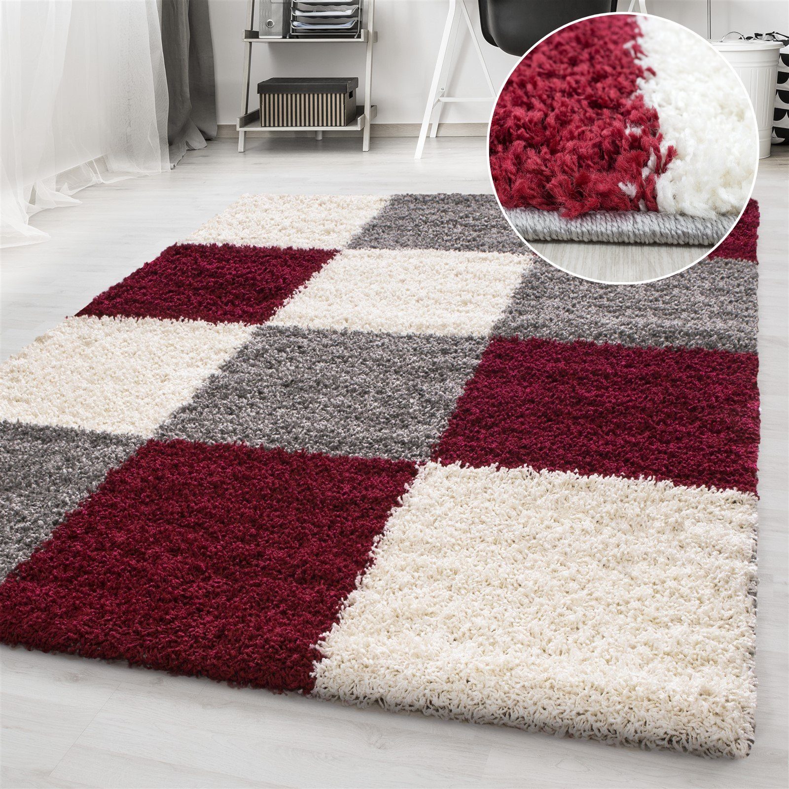 Hochflor-Teppich Hochflorteppich Langflor kariert Shaggy Wohnzimmer, Miovani, Höhe: 30 mm Rot