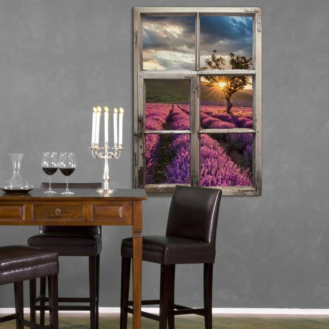 K&L Wall Art Wandtattoo Holzoptik Vintage Wandbild Blüten in Aufkleber Wandtattoo 3D Lavendel selbstklebend der Holzfenster Provence