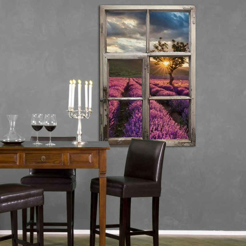 K&L Wall Art Wandtattoo 3D Wandtattoo Lavendel Aufkleber Vintage Holzoptik Blüten in der Provence, Holzfenster Wandbild selbstklebend