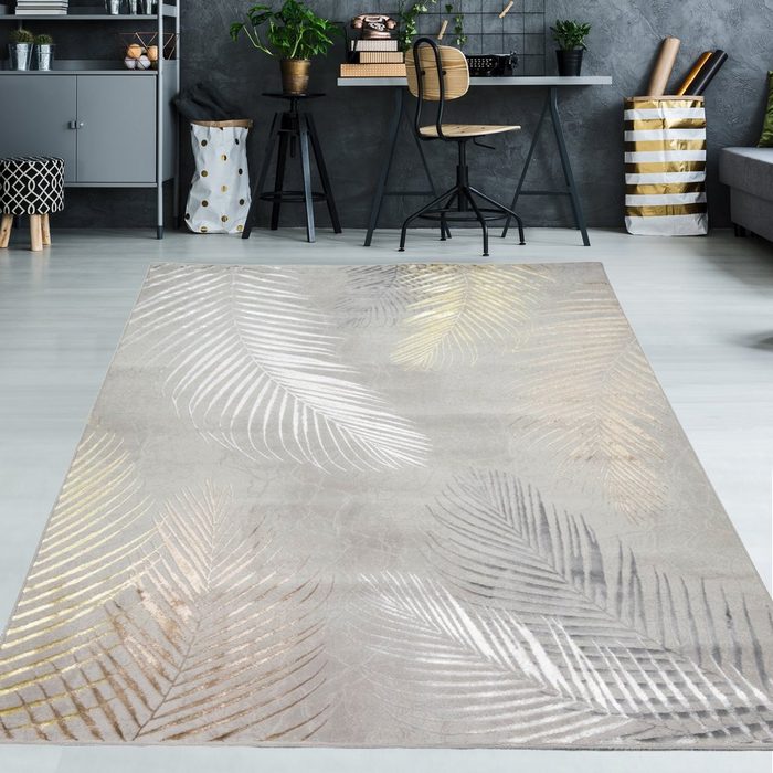 Teppich Designer Teppich mit Palmzweige grau gold TeppichHome24 rechteckig