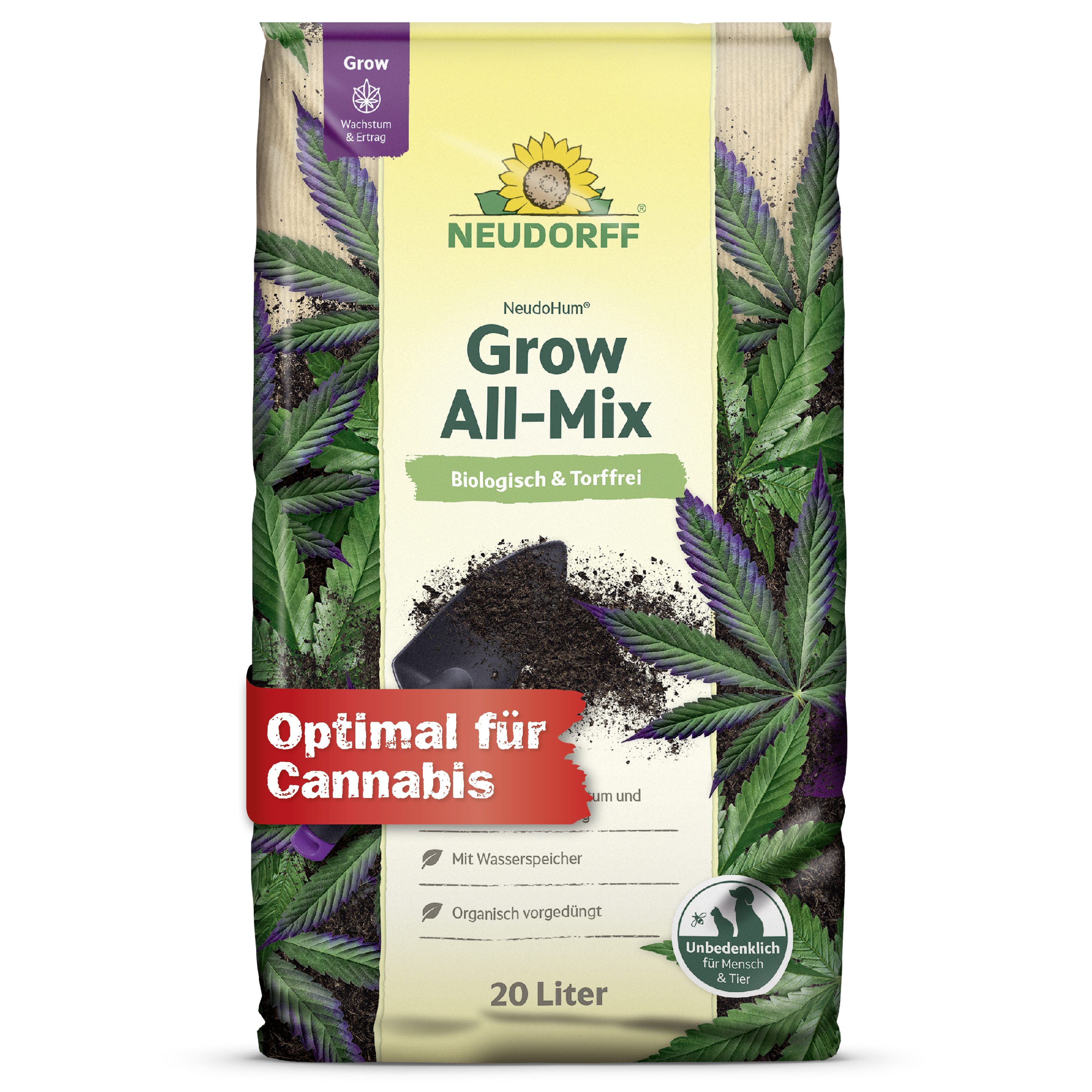 Neudorff Blumenerde NeudoHum Grow Erde All-Mix 20 L, mit Organisch vorgedüngtes Kultursubstrat, (Gebrauchsfertiges Kultursubstrat für Cannabis-Sorten, Organisch vorgedüngtes Kultursubstrat für Topf und Freiland), Tonminerale speichern Wasser und Nährstoffe bedarfsgerecht