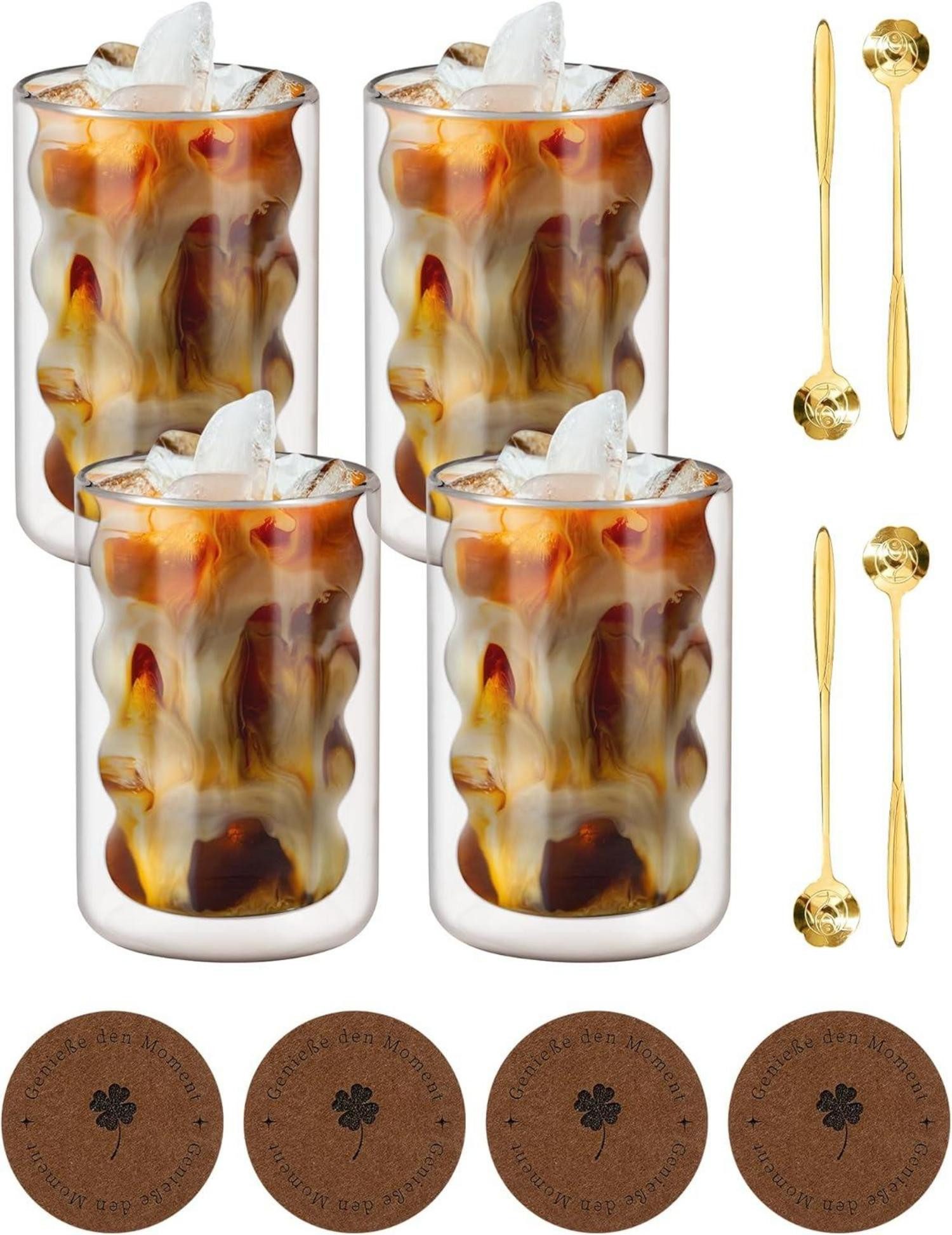 Latte-Macchiato-Glas Latte Macchiato Gläser Set 4 Löffeln 4 Untersetzern 350ml Transparent
