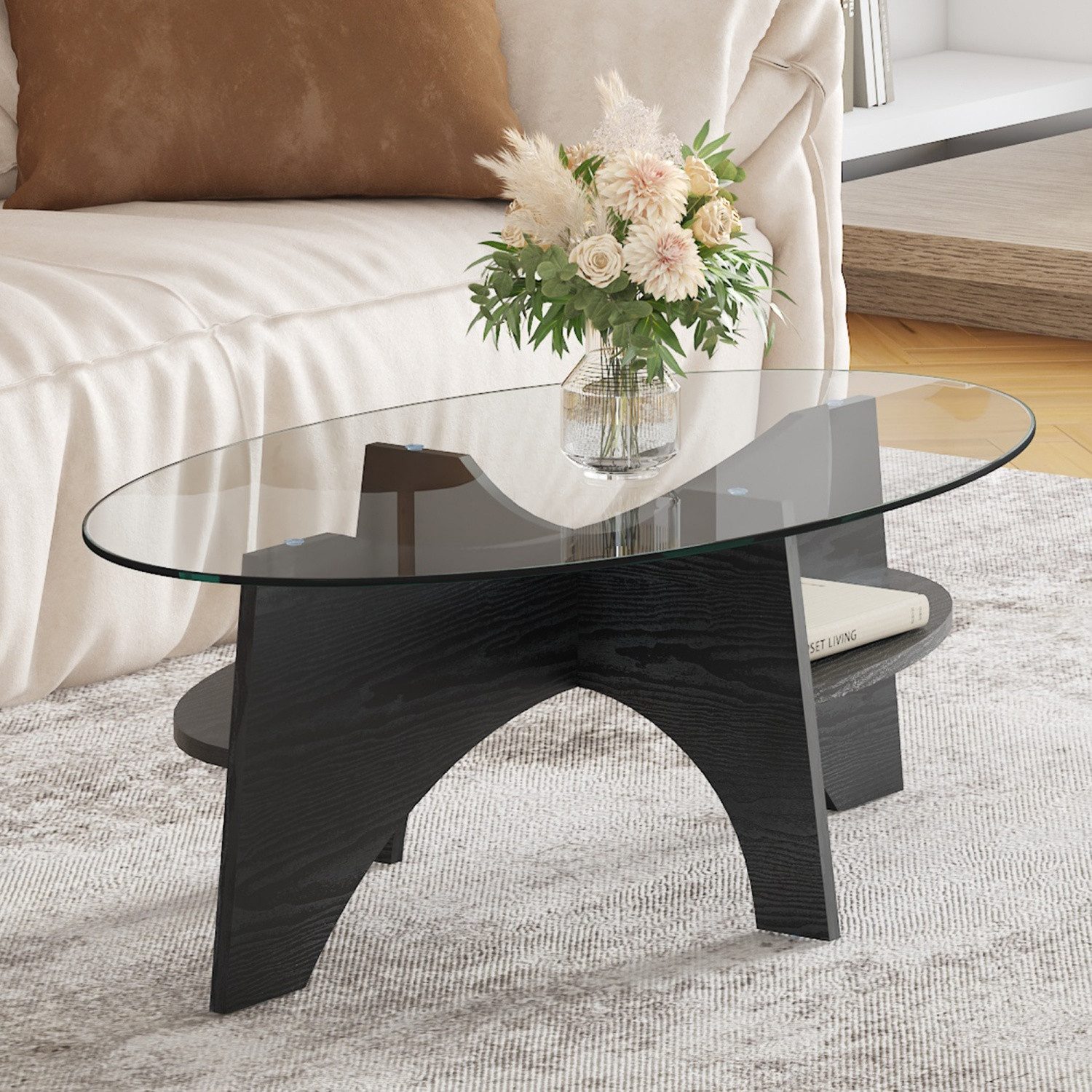 ANYSUN Couchtisch Moderner Couchtisch Glas Oval, Beistelltisch Wohnzimmertisch (Kaffeetisch Sofatisch mit 0,6 cm Glasplatte Glas-Couchtisch), Platzsparendes Design Perfekt für Wohnzimmer, Balkon oder Schlafzimmer