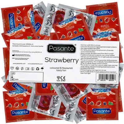 Pasante Kondome Pasante Vorratspackung, fruchtige Kondome mit Aroma Sorte: Strawberry, Kondome mit Erdbeer Geschmack, Kondome für Oralverkehr