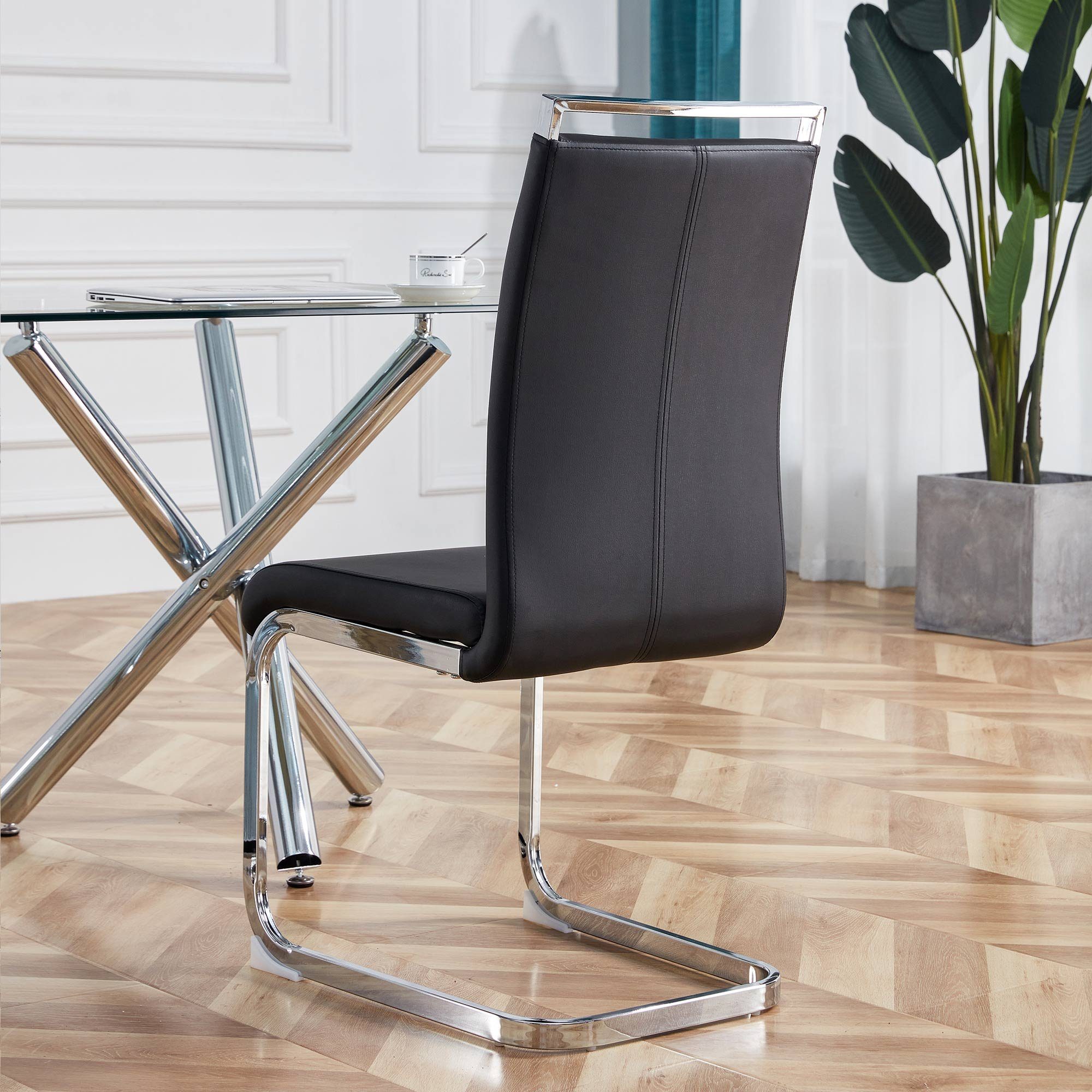 4 (Polster Stühle Stuhl nur Esstisch) Schwarz+Silber Freischwinger REDOM Kunstlederstuhl 4er ohne Set Schwingstuhl Esszimmerstuhl