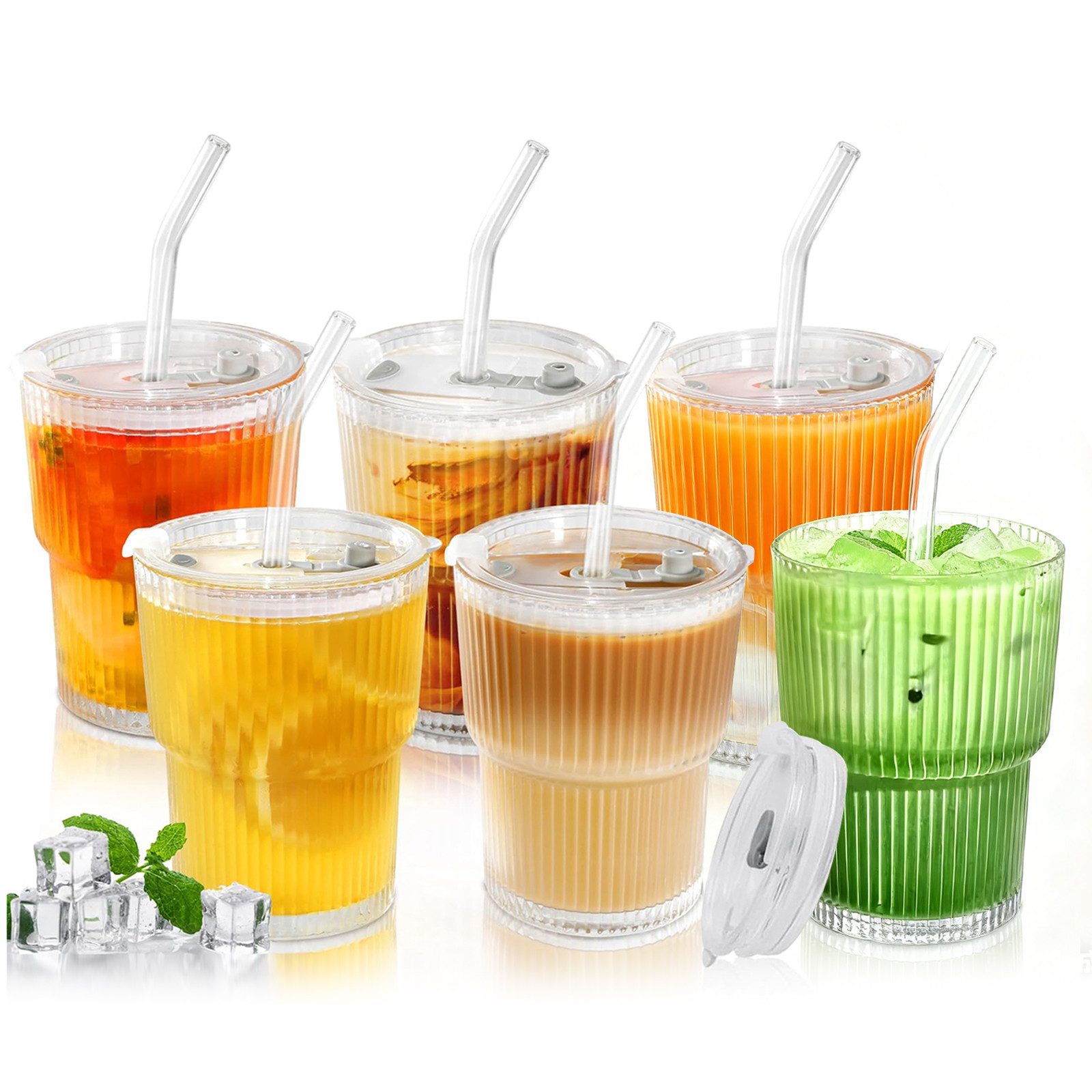 FANNOU Gläser-Set Gerippte Glasbecher mit Deckel und Strohhalm, 6-tlg., luftdichtes und wasserdichtes Design, ideal als Kaffee