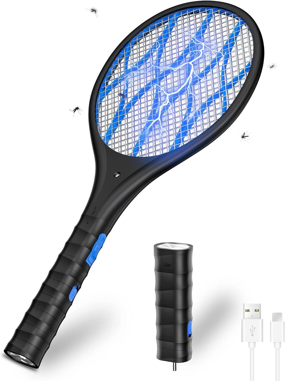 Fliegenklatsche Elektrische Fliegenklatsche 4000V mit LED-Licht und USB-Akku, Schwarz