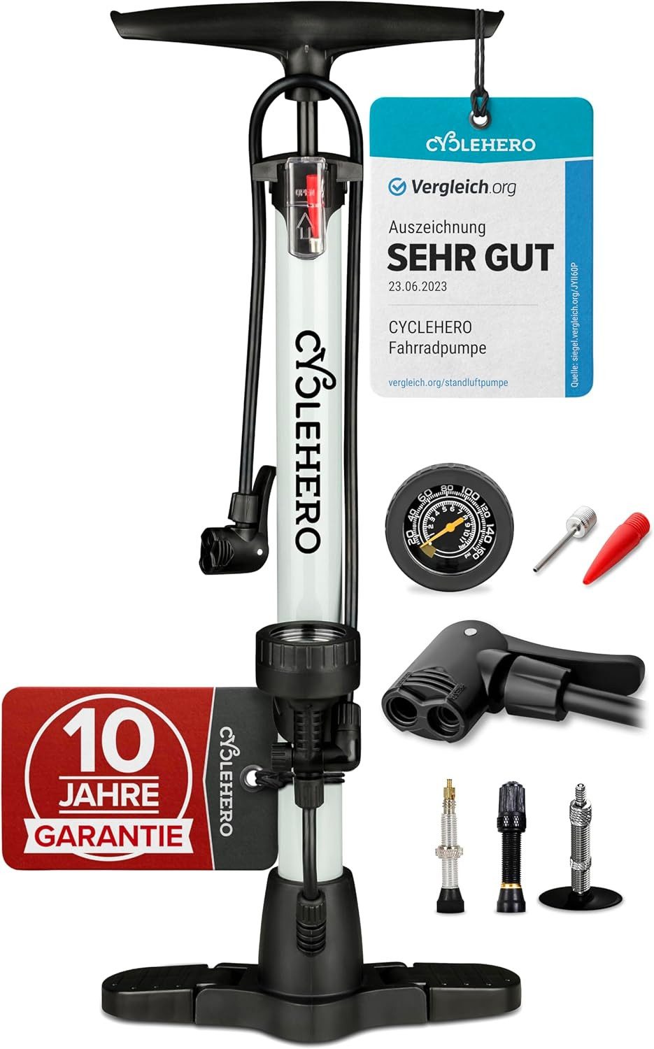 CYCLEHERO Standpumpe Hochdruck-Fahrradpumpe 160 PSI für alle Ventile mit Manometer Silber (Einzelartikel, 1-tlg., Silber), Stahlzylinder, 25 cm Standfuß, 65 cm Schlauch, 10 Jahre Garantie