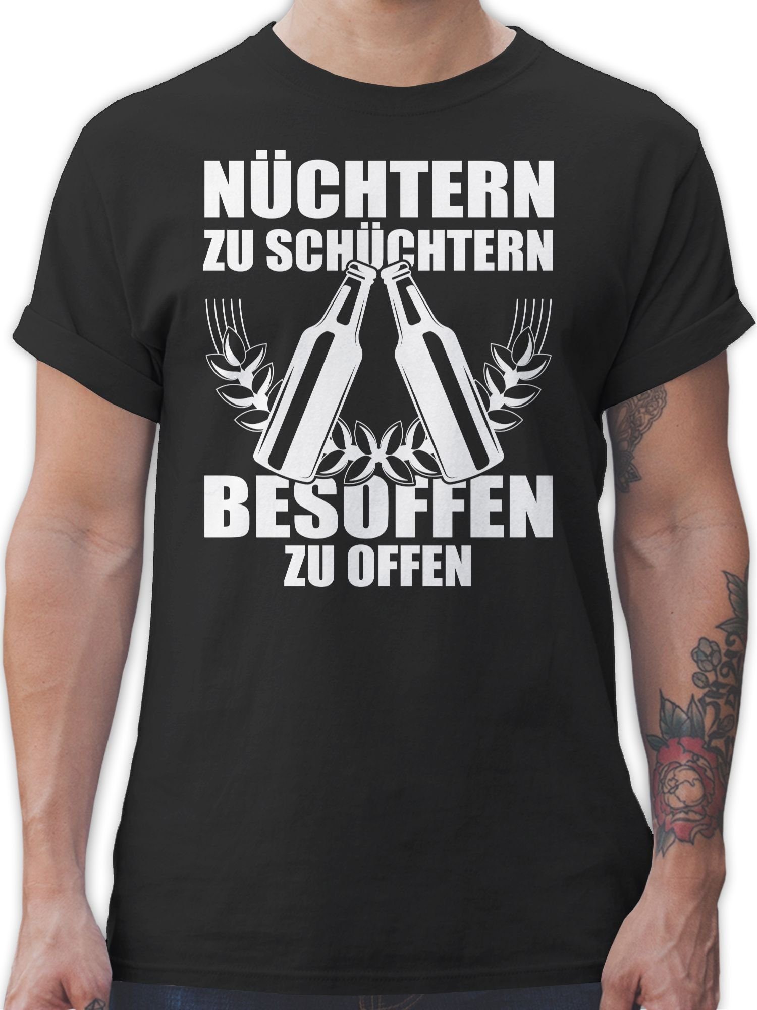 Shirtracer T-Shirt Nüchtern zu Alkohol & besoffen schüchtern Herren Party Schwarz - weiß zu - 01 offen