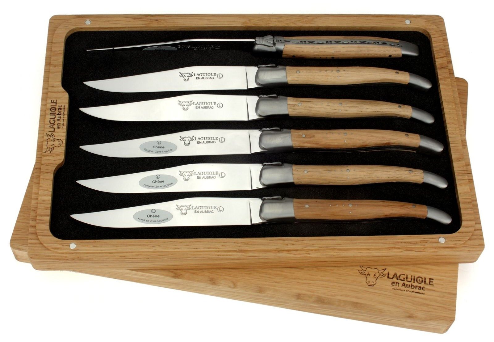 Laguiole en Aubrac Steakmesser 62C99CHIH 6er Set - Griff Eichenholz - Backen matt - Klinge glänzend - Holzbox