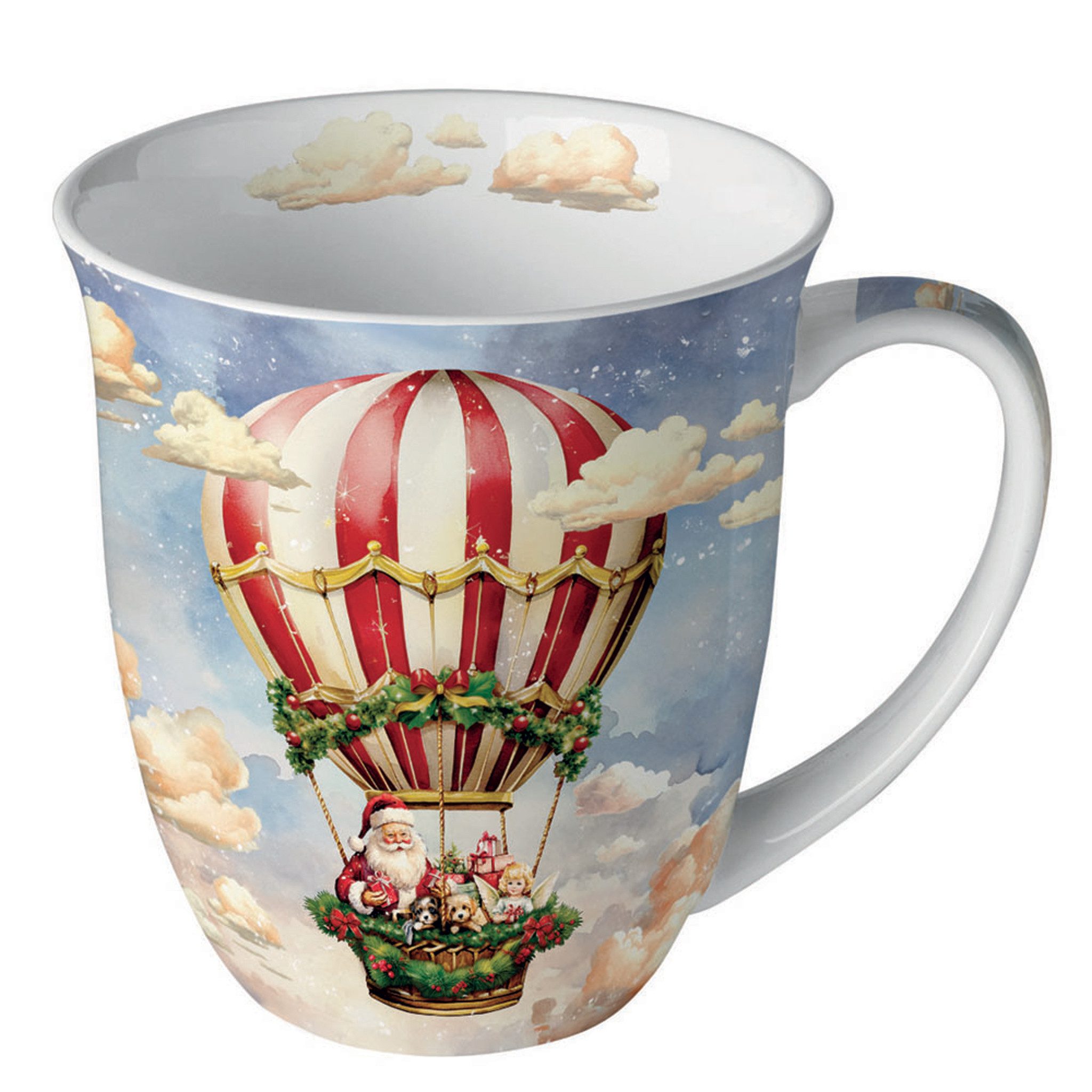 Ambiente Luxury Paper Products Tasse, Keramik, Tasse 10cm Porzellan 0,4L mit Weihnachtsmann im Heißluftballon Motiv