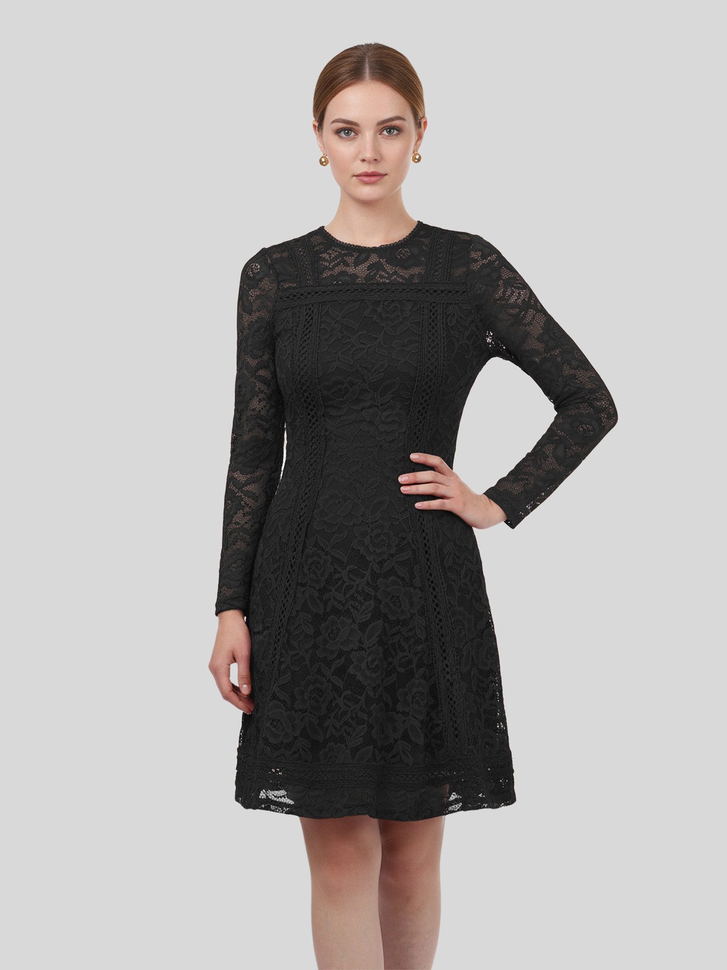 LAPA PLUS Midikleid Elegantes und weiches Langarm Spitzenkleid A-Linien-Sau günstig online kaufen