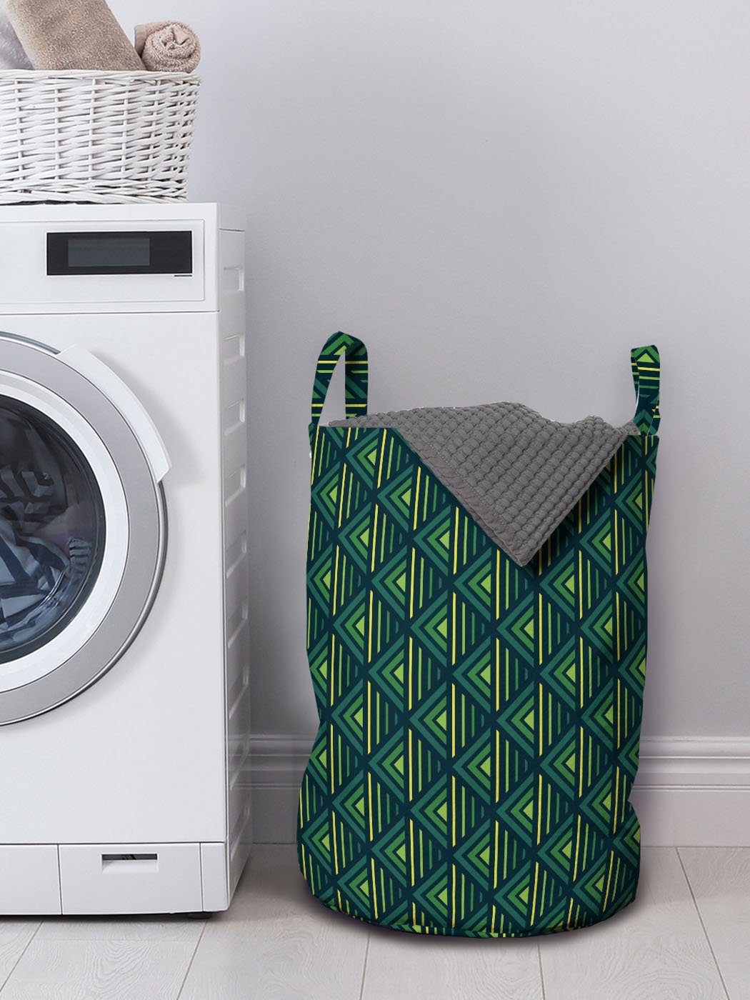 Abakuhaus Moderne Griffen grüne Wäschekorb geometrische Rhombus Waschsalons, für Wäschesäckchen mit Kunst Kordelzugverschluss